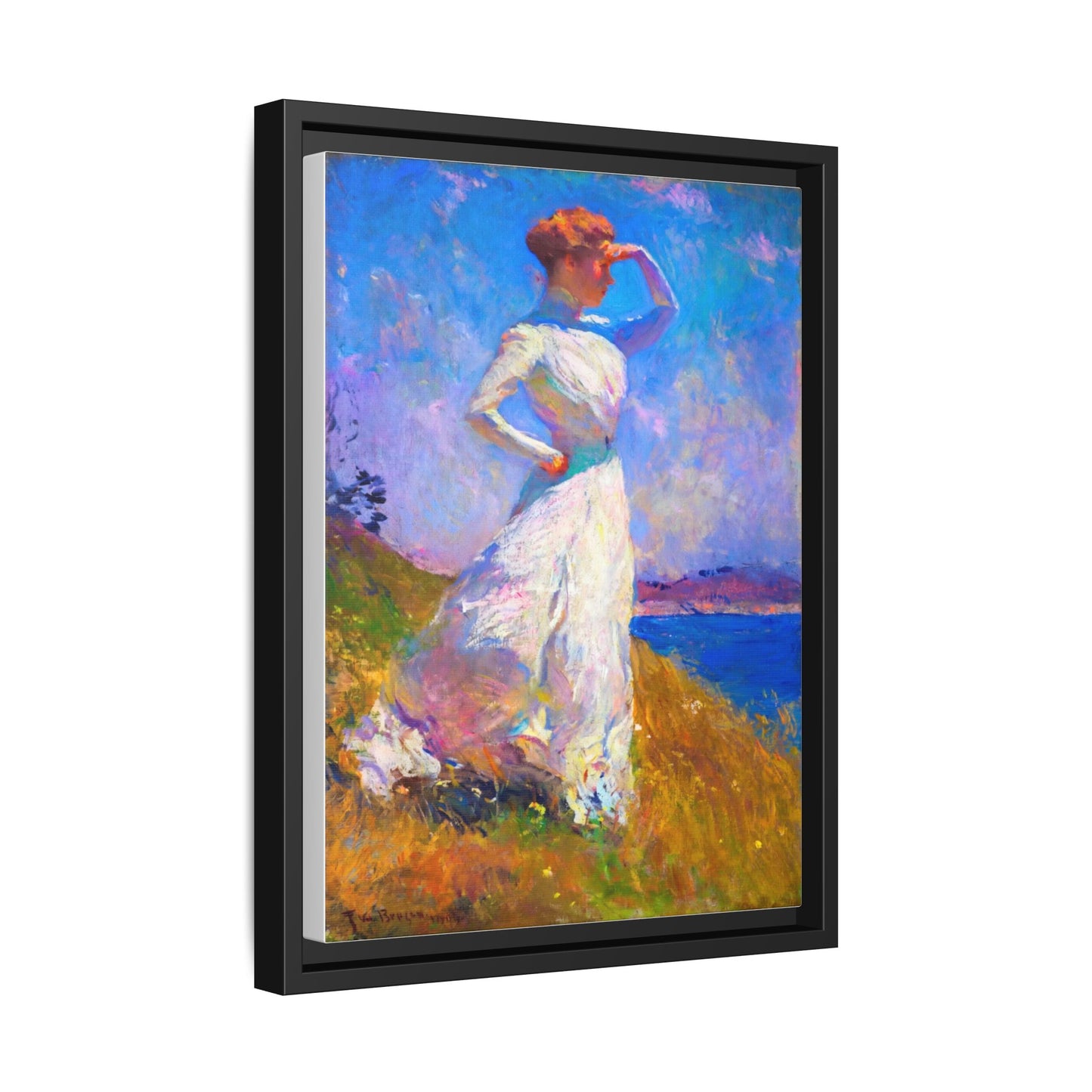 Framed Matte Canvas Art - Woman in White Seaside Impressionist Print