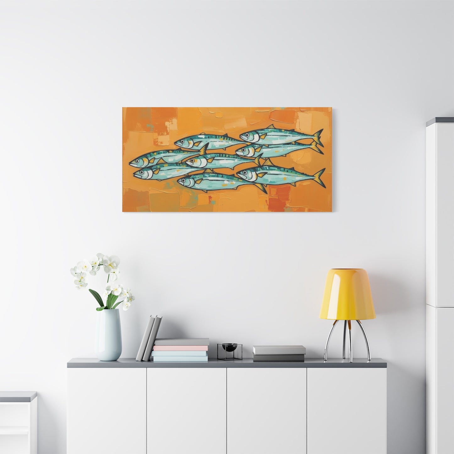 School of Mackerel Canvas Wall Art — Nautical Fish Painting on Orange Background