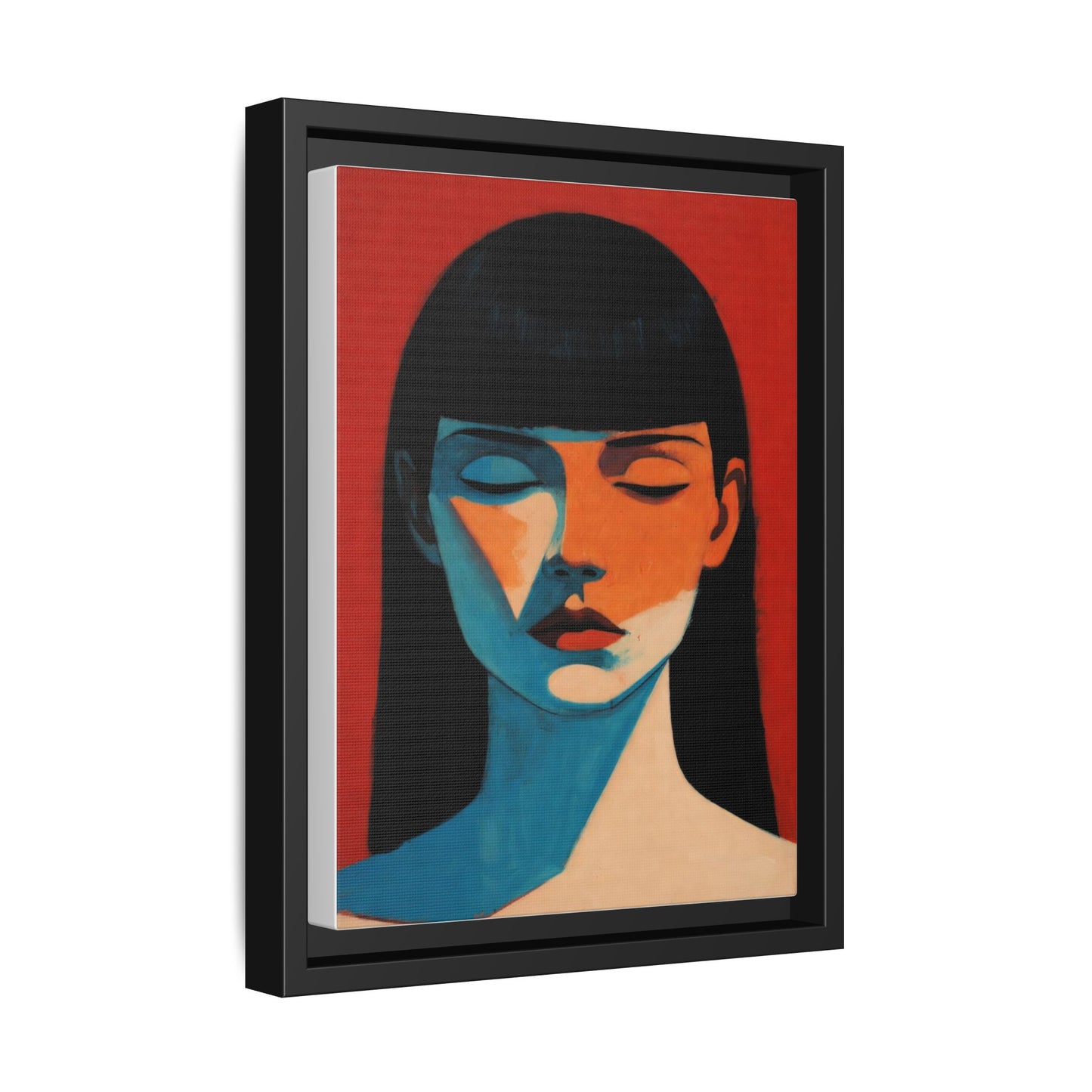 Framed Matte Canvas Art – Minimalist Portrait in Red & Teal