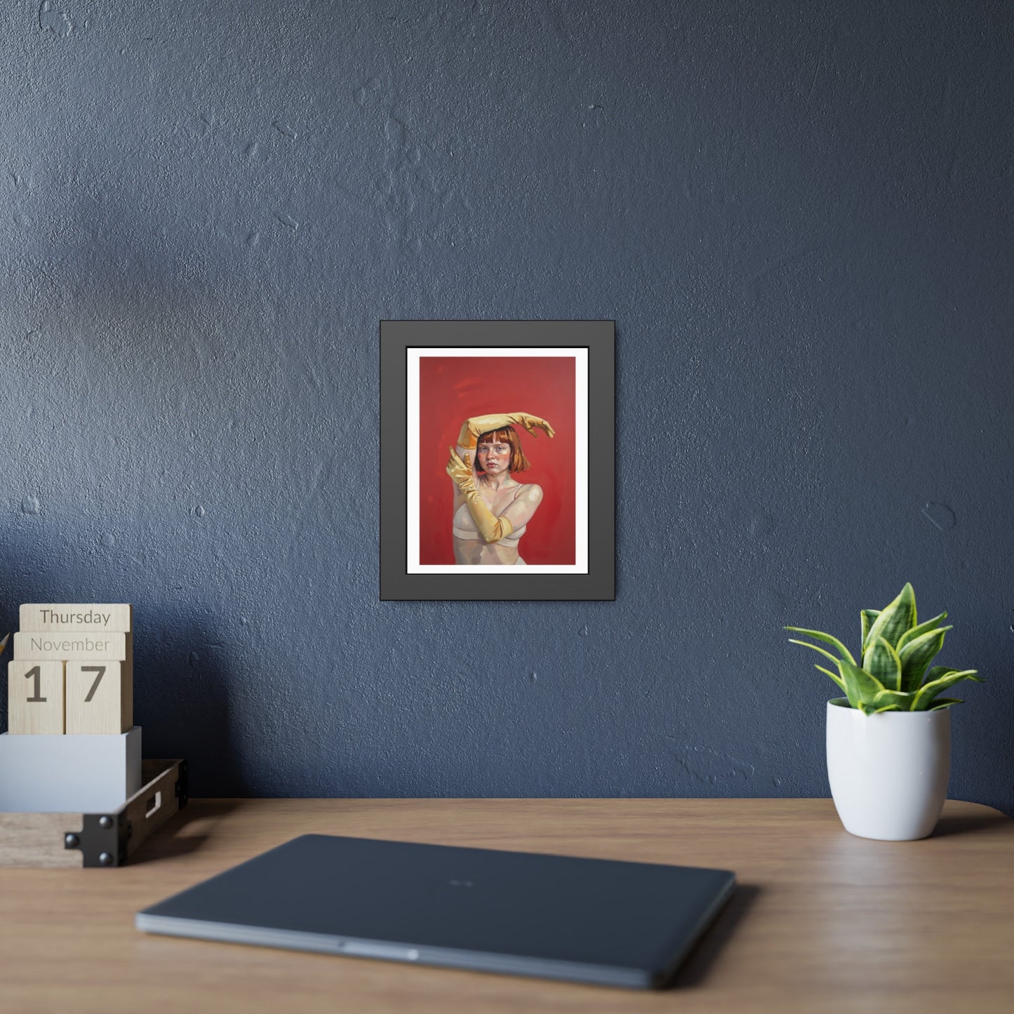 Framed Art Print — Retro Portrait with Yellow Gloves on Red Background