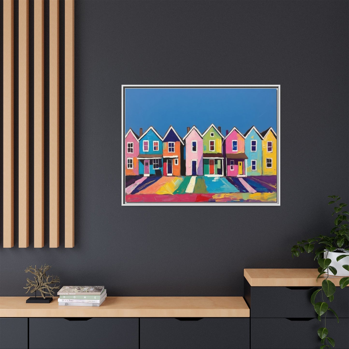Colorful Beach Houses Matte Canvas Framed Wall Art