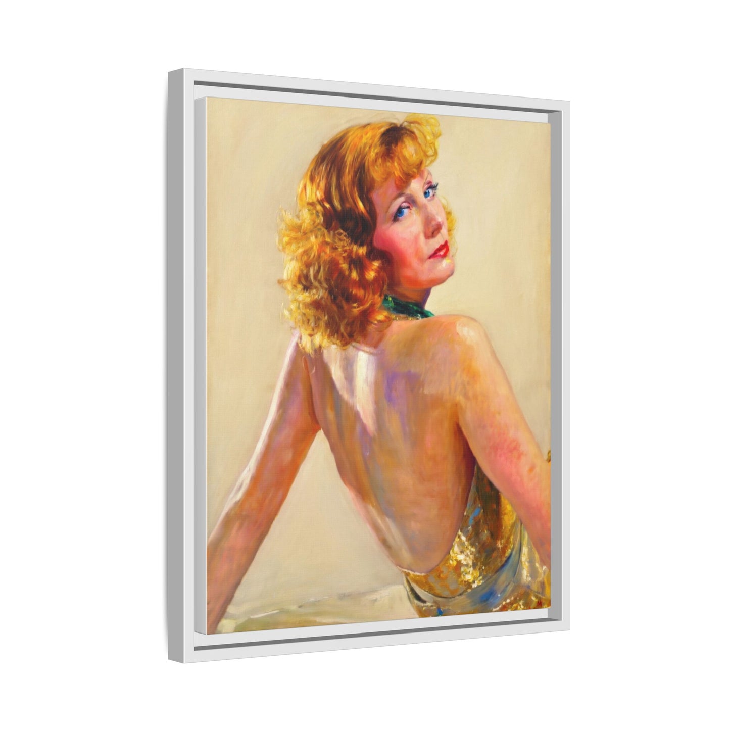 Framed Matte Canvas Print — Vintage Portrait of Redhead Greta Garbo in Gold Dress