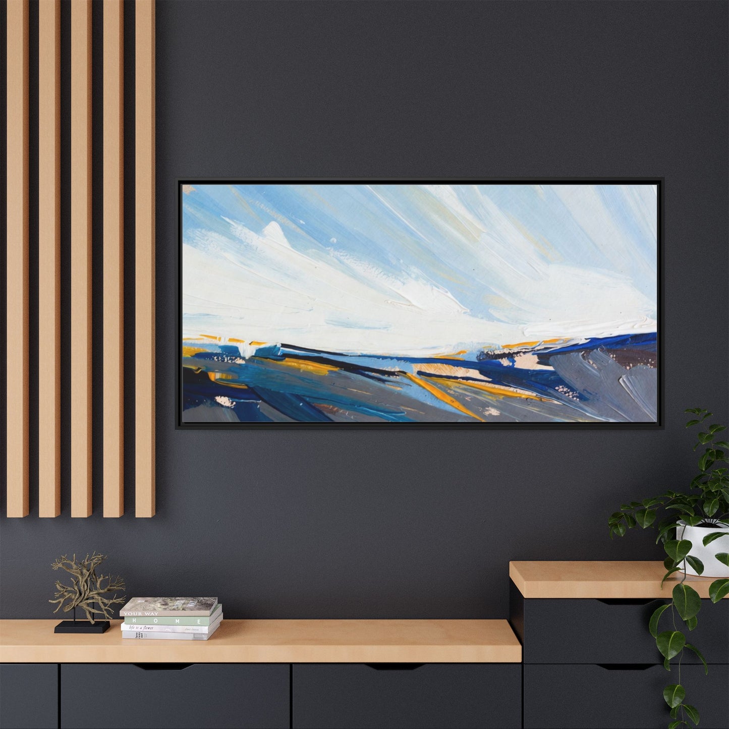 Framed Abstract Seascape Canvas Print — Matte Multi‑Color Wall Art