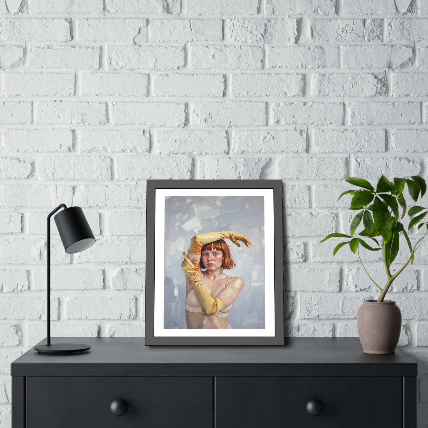 Framed Art Print — Portrait of Woman in Yellow Gloves (Modern Figurative Wall Art)