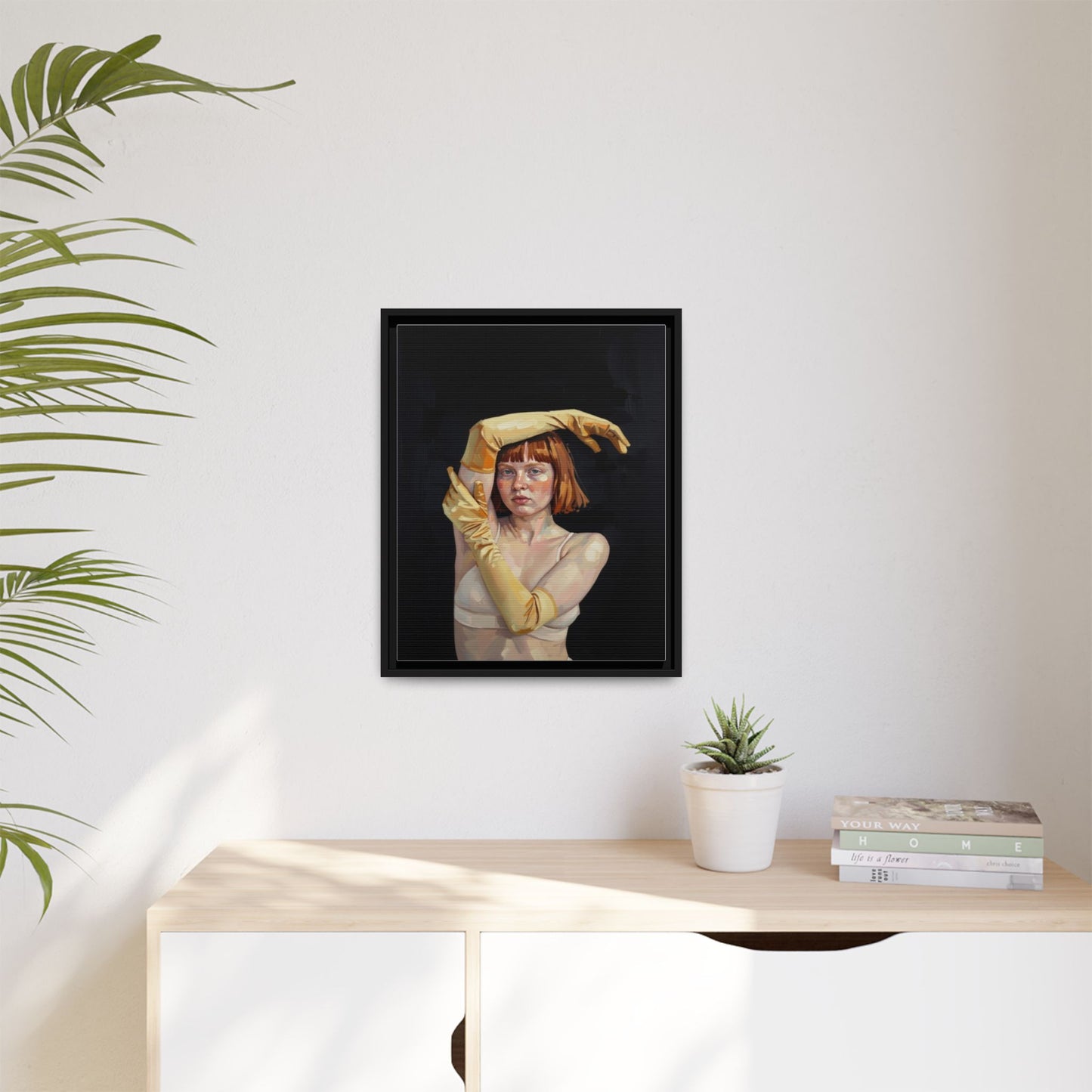 Framed Matte Canvas Art – Portrait of Woman in Yellow Gloves