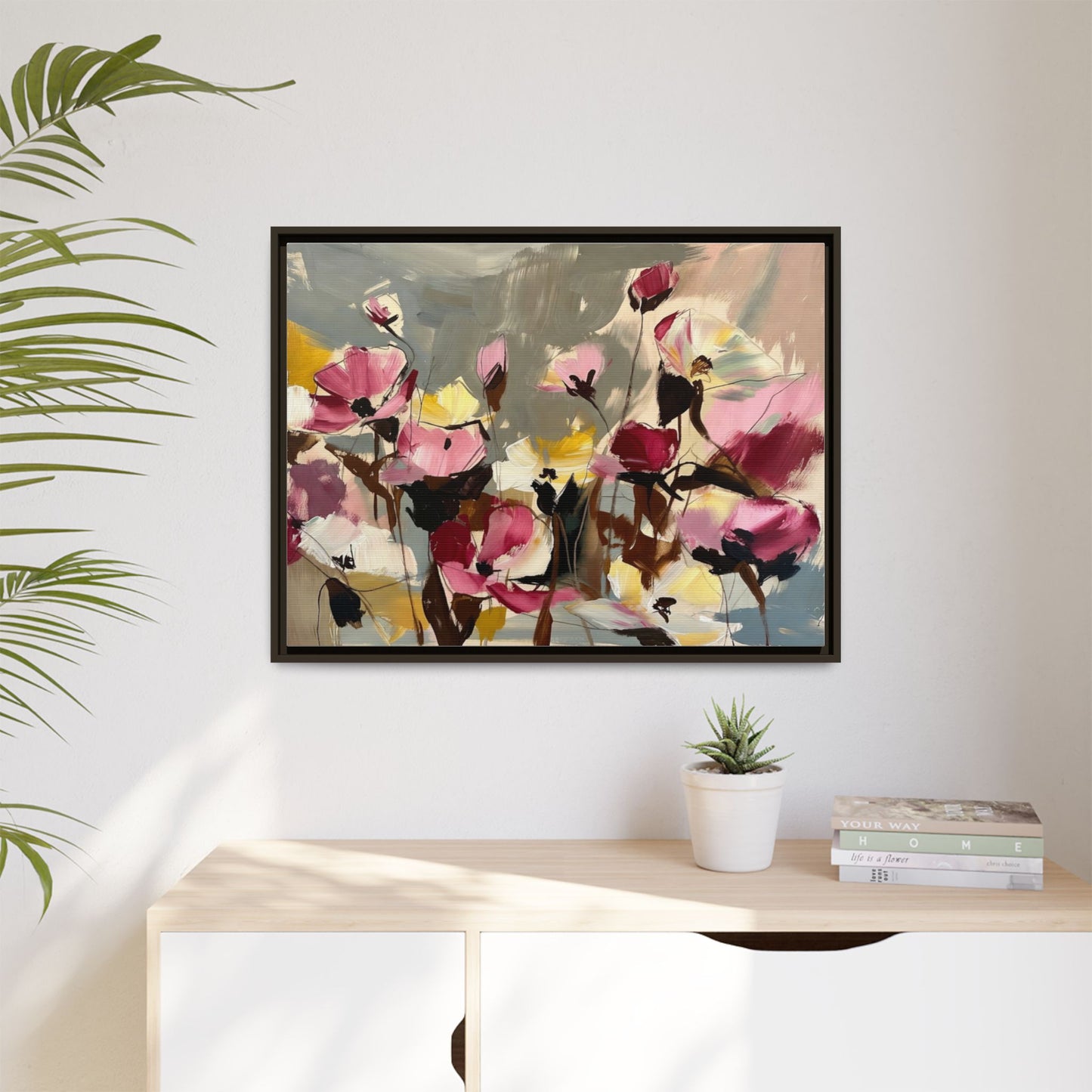 Framed Floral Canvas Wall Art — Abstract Pink & Yellow Flowers