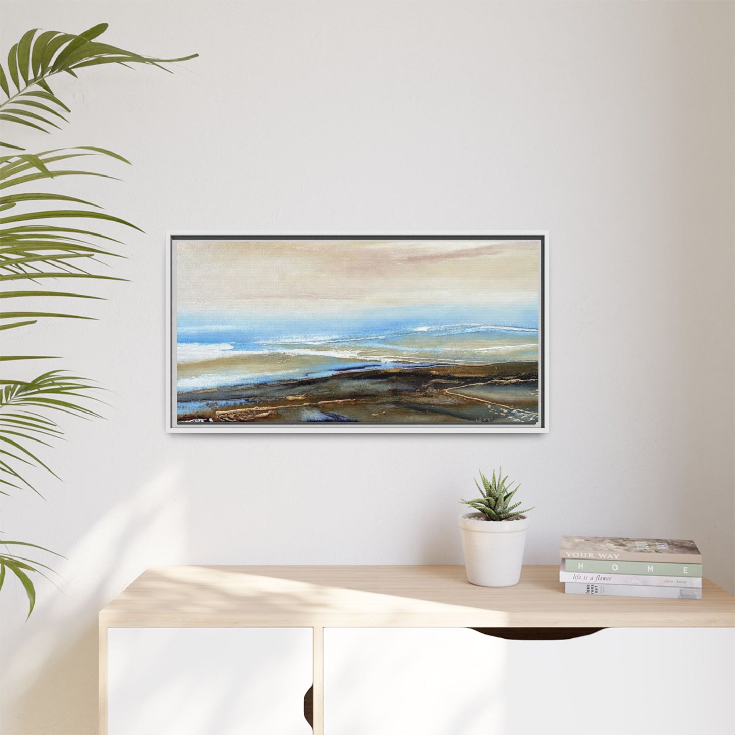 Framed Abstract Seascape Matte Canvas — Coastal Blue & Earth Tone Wall Art