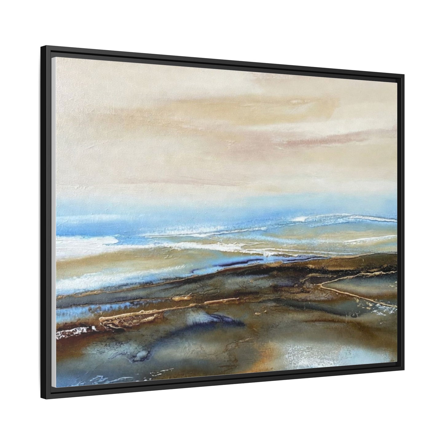 Framed Abstract Seascape Matte Canvas — Coastal Blue & Earth Tone Wall Art