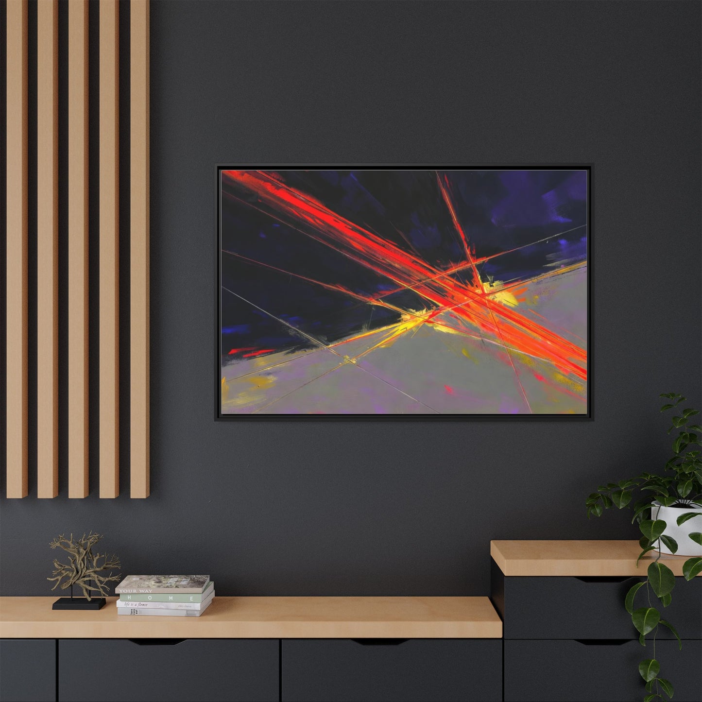 Abstract Red Streaks Framed Matte Canvas Art — Modern Multi‑Color Wall Decor