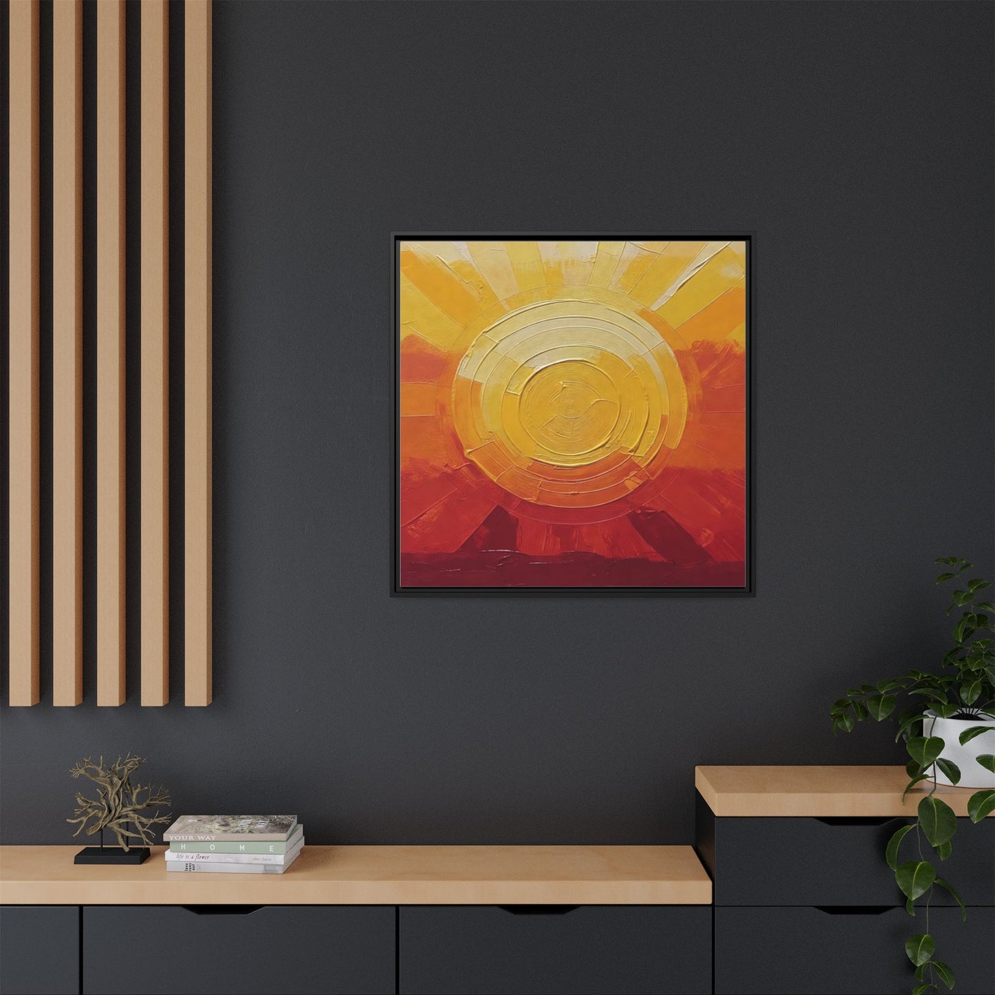 Sunburst Abstract Framed Canvas Art — Matte Multi‑Color Wall Print