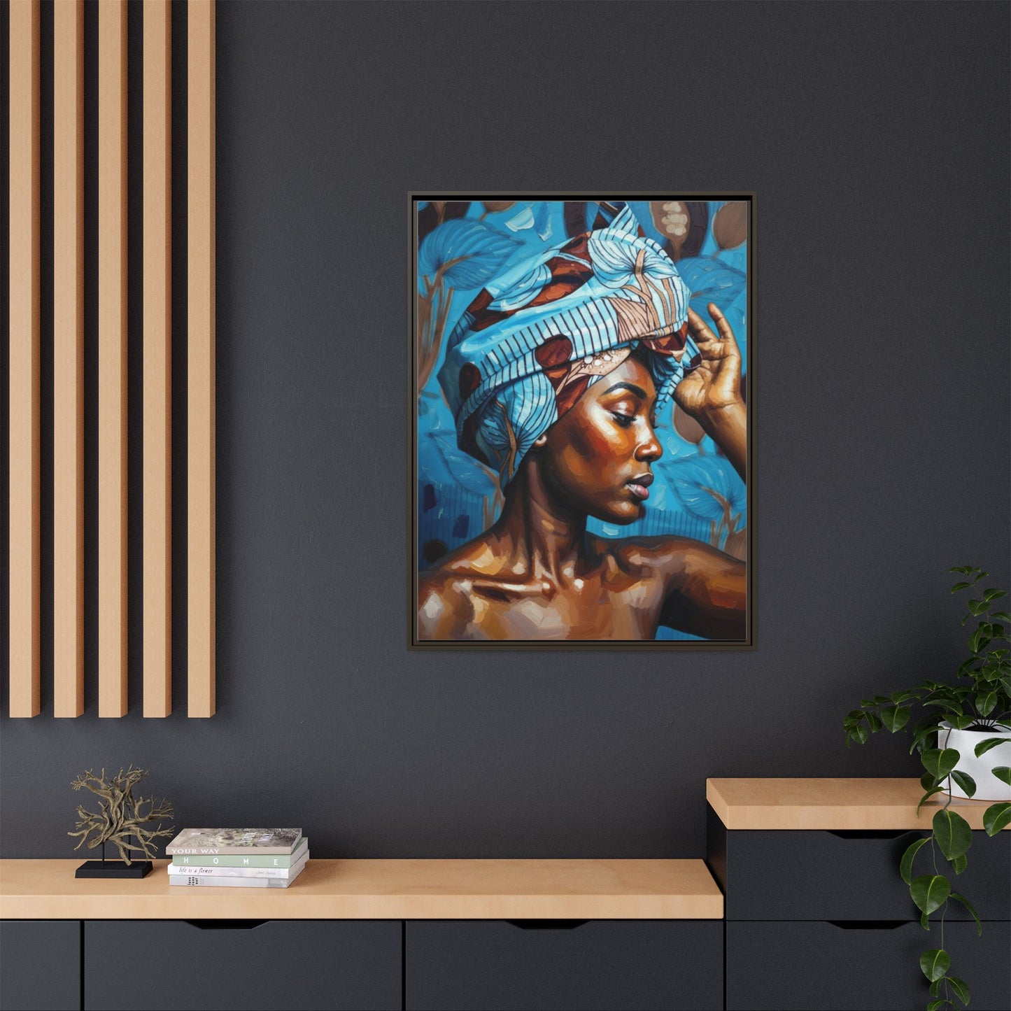 Framed Canvas Art — Portrait of Woman in Blue Headwrap
