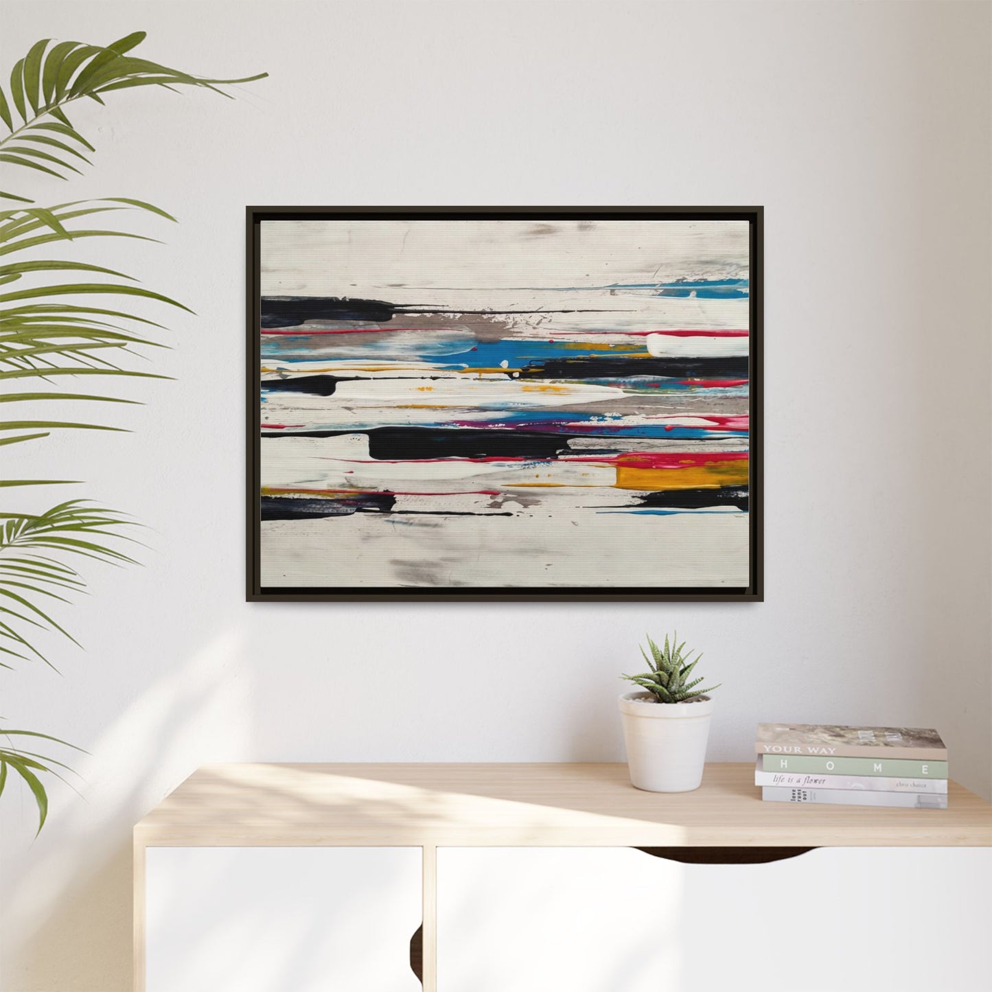 Abstract Multi-Color Framed Canvas Wall Art — Modern Horizontal Brushstroke Print