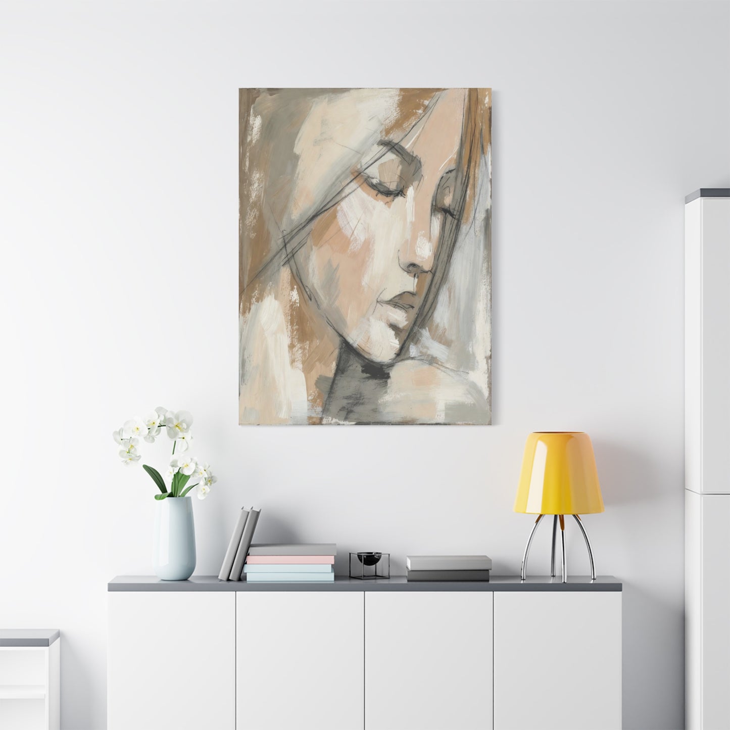Serene Woman Portrait Matte Canvas Wall Art — Neutral Abstract Face Painting