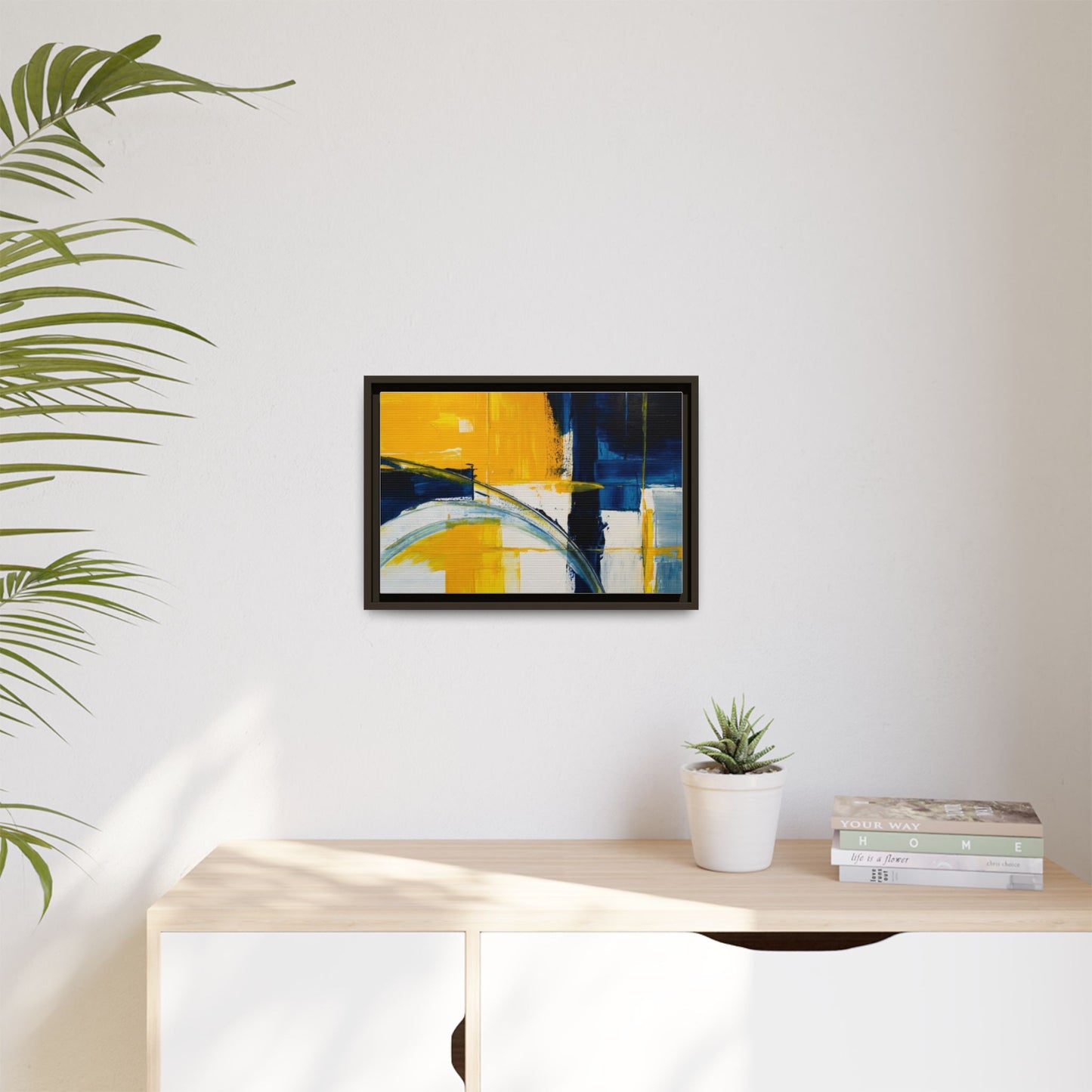 Abstract Yellow & Blue Framed Canvas Wall Art — Modern Matte Canvas Print