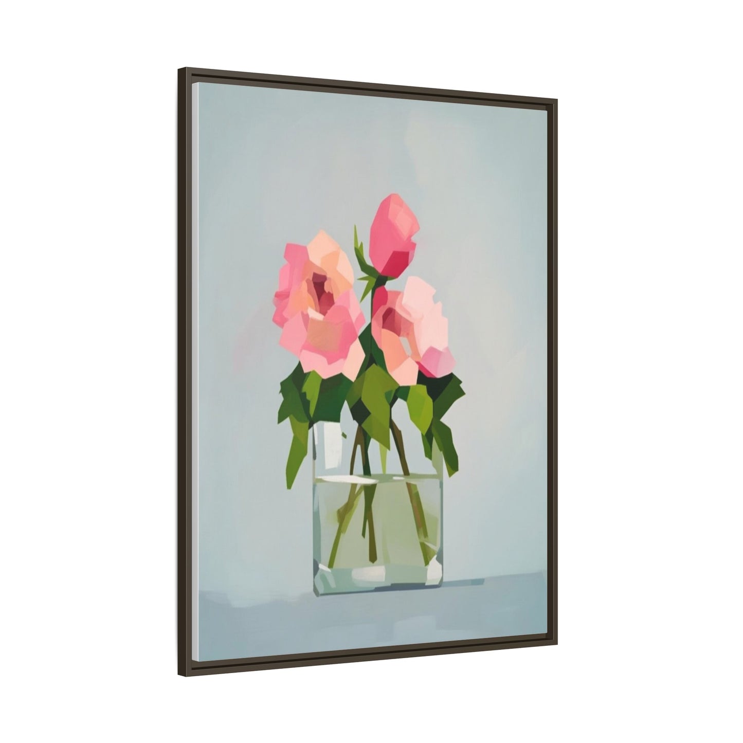 Framed Floral Canvas Print — Pink Roses in Glass Vase (Matte)