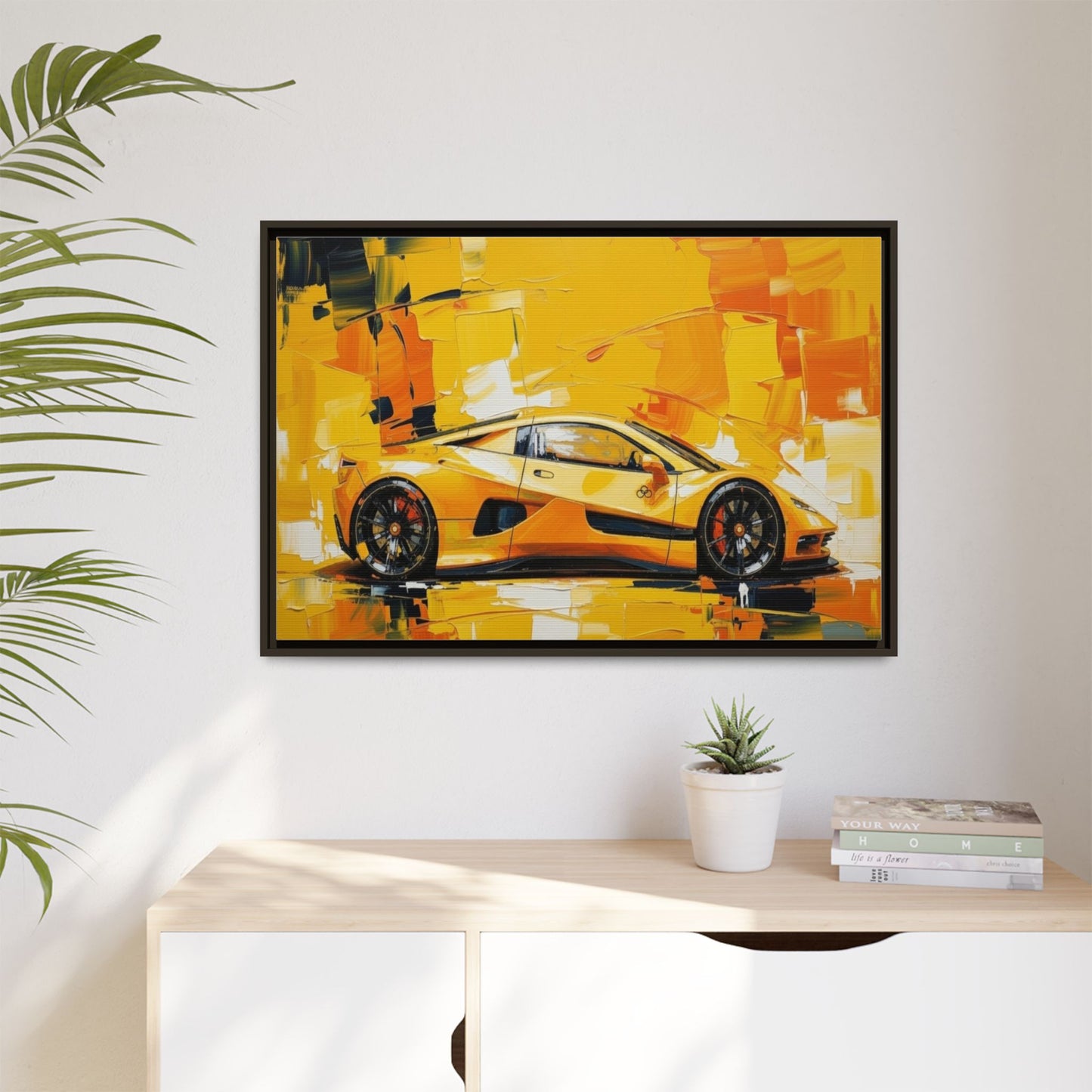 Yellow Sports Car Abstract Matte Canvas Framed Print