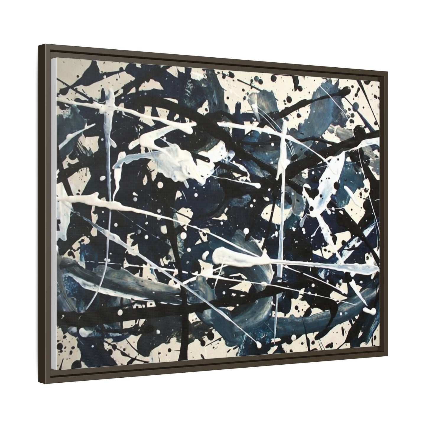 Abstract Splatter Matte Canvas Framed Wall Art — Black & Blue Modern Art Print
