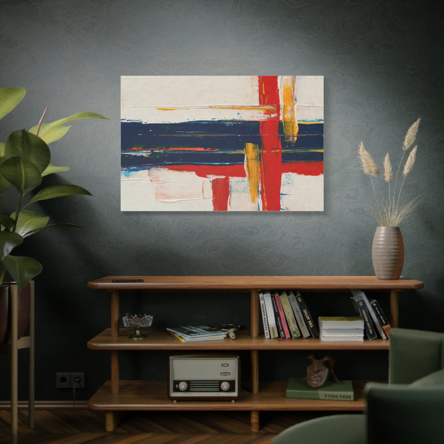 Abstract Modern Canvas Art Print — Red, Navy & Gold Stretched Matte Canvas