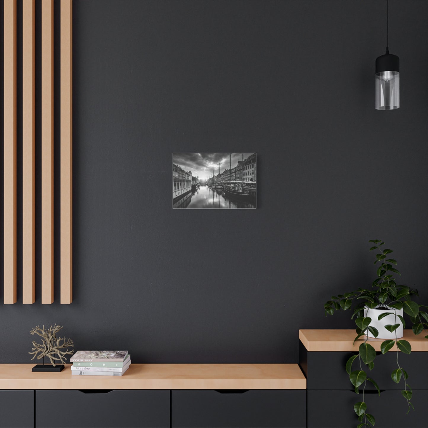 Black & White Harbor Canvas Print — Dramatic Copenhagen Cityscape Wall Art