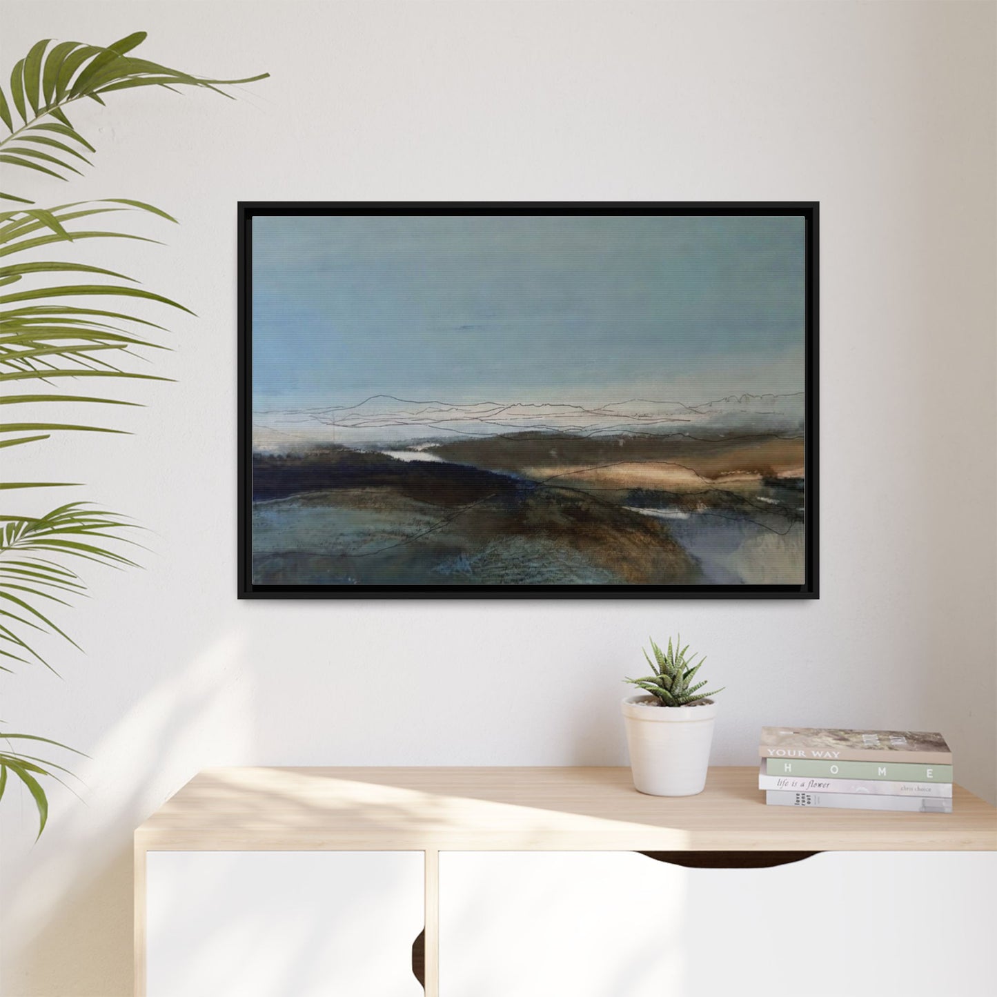 Framed Matte Canvas Wall Art — Serene Abstract Blue Landscape