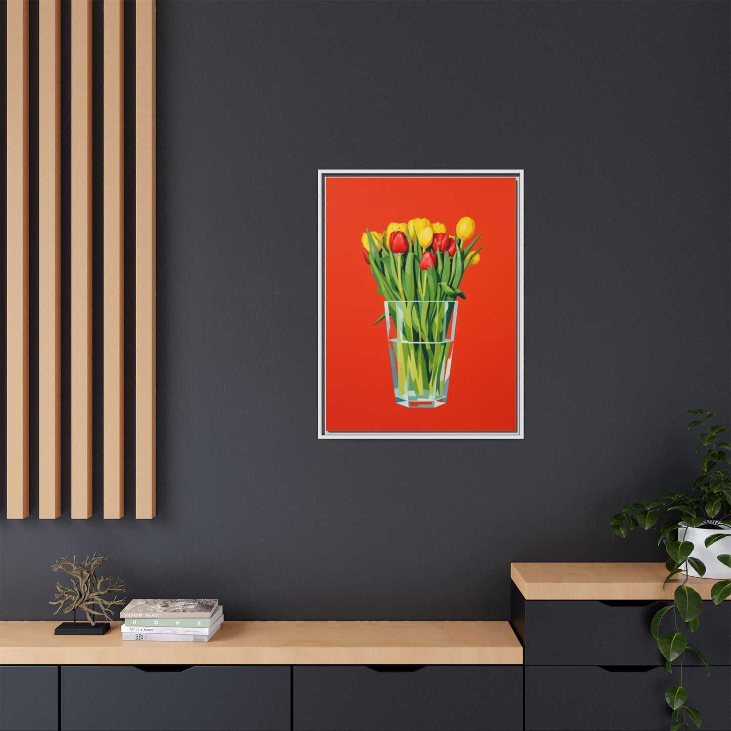 Framed Tulip Bouquet Matte Canvas Art — Vibrant Red Floral Wall Print