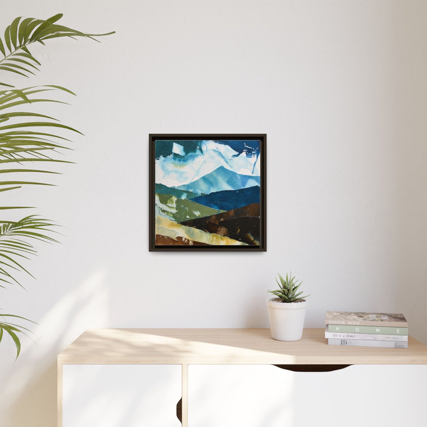 Framed Abstract Mountain Canvas Art — Blue & Earthtone Landscape Print