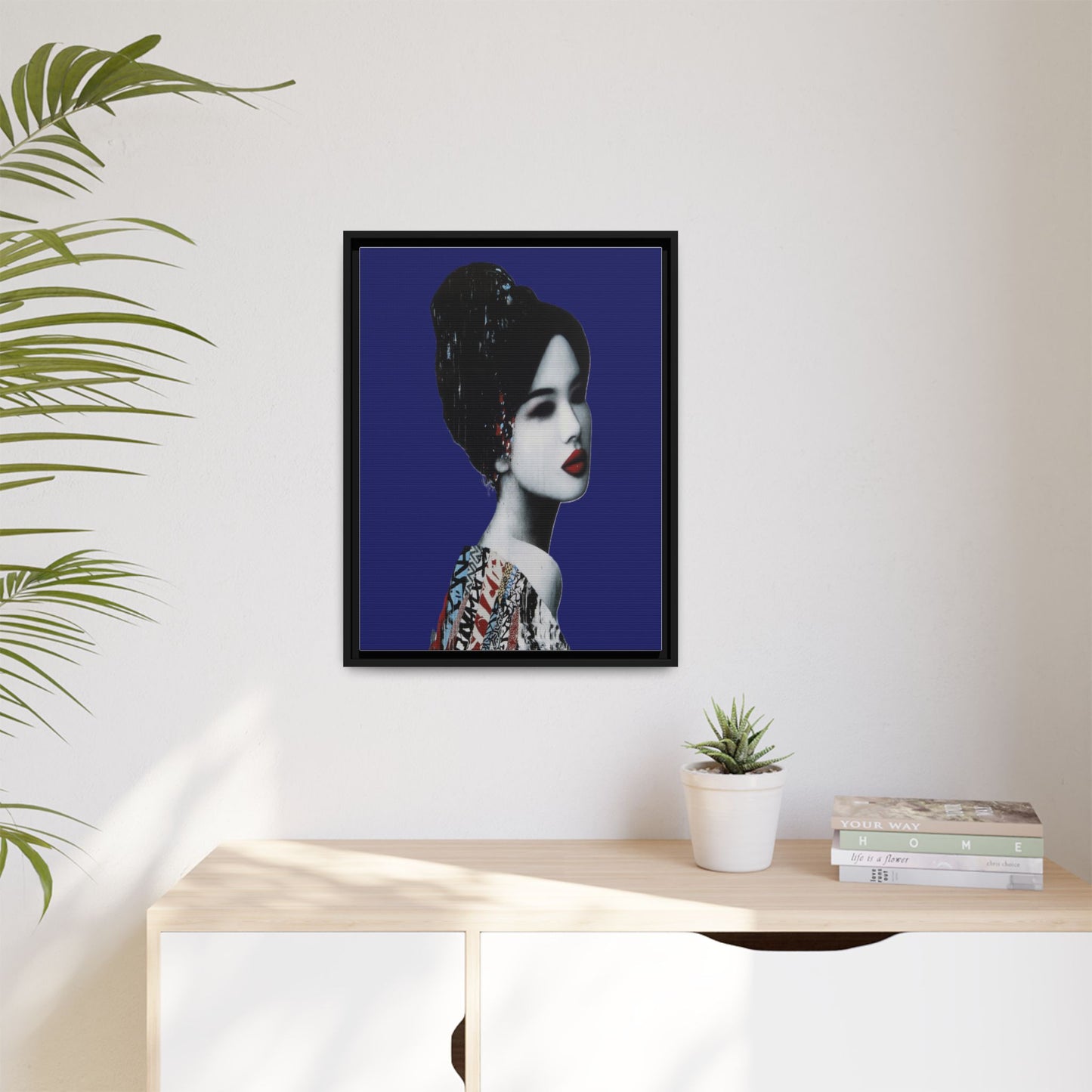 Framed Matte Canvas Art — Elegant Geisha Portrait on Deep Blue