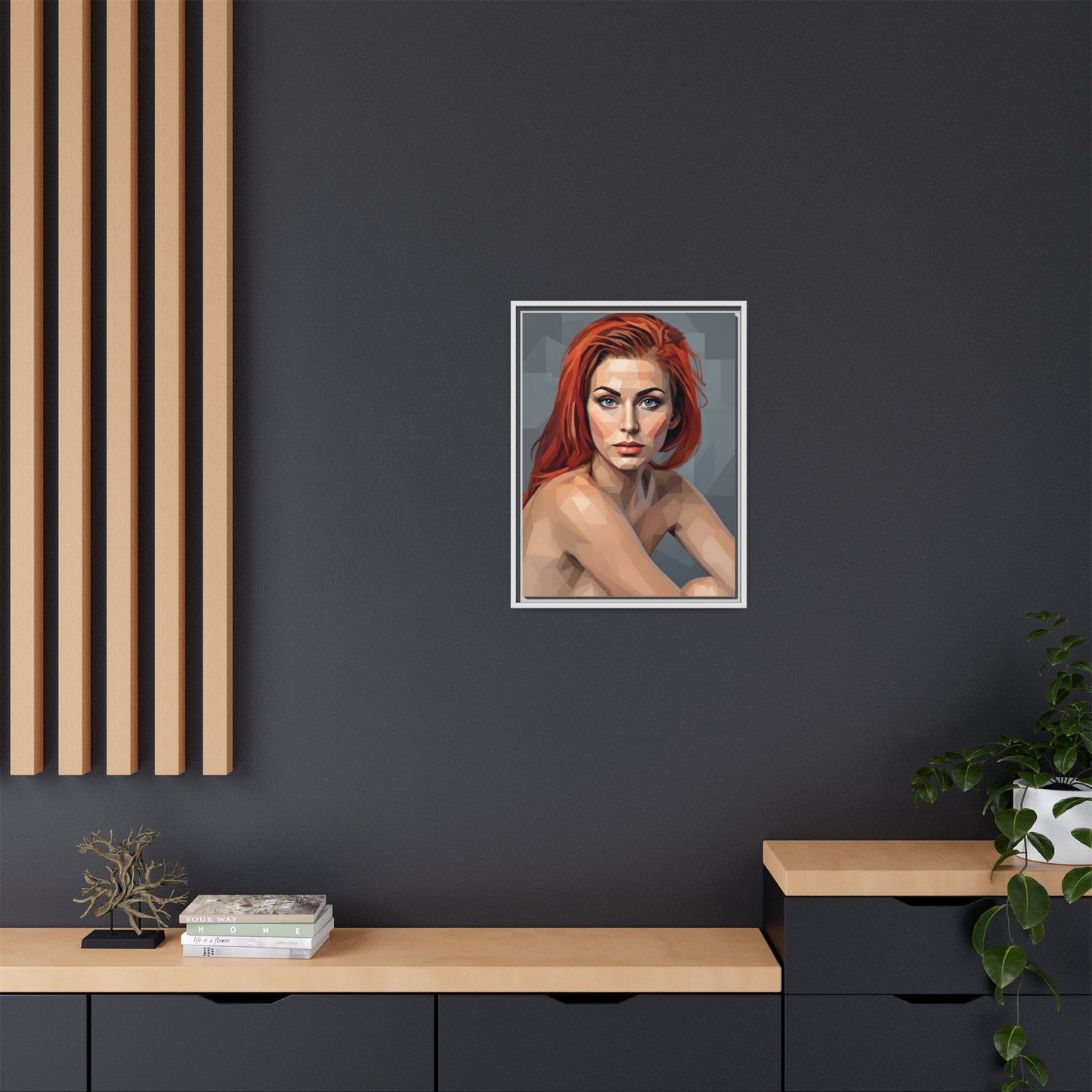 Framed Matte Canvas Portrait — Geometric Redhead Wall Art