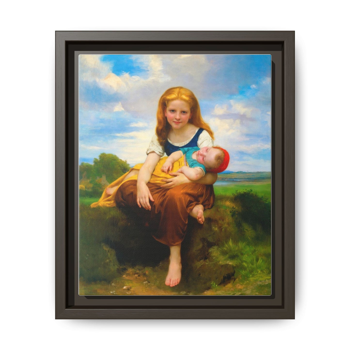 Young Girl Holding Sleeping Baby Canvas Print, Framed Wall Art