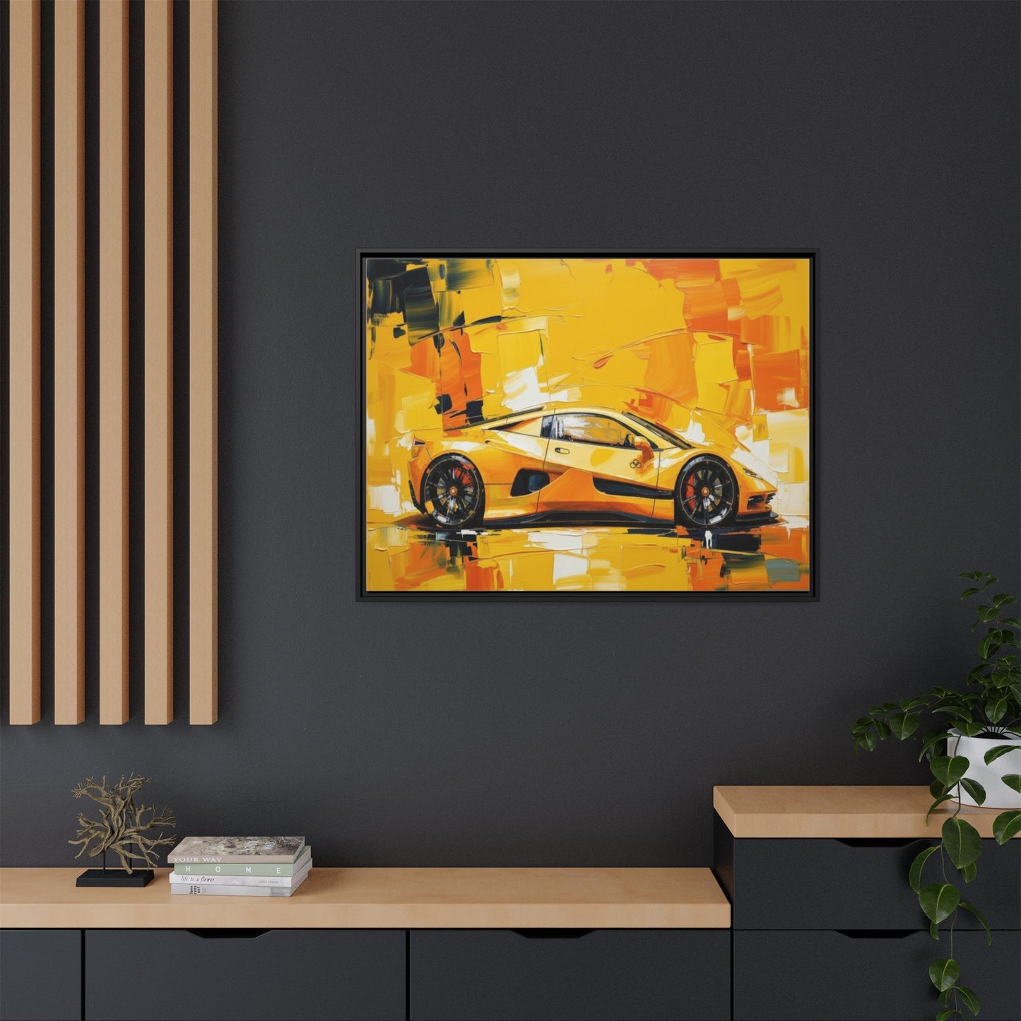Yellow Sports Car Abstract Matte Canvas Framed Print