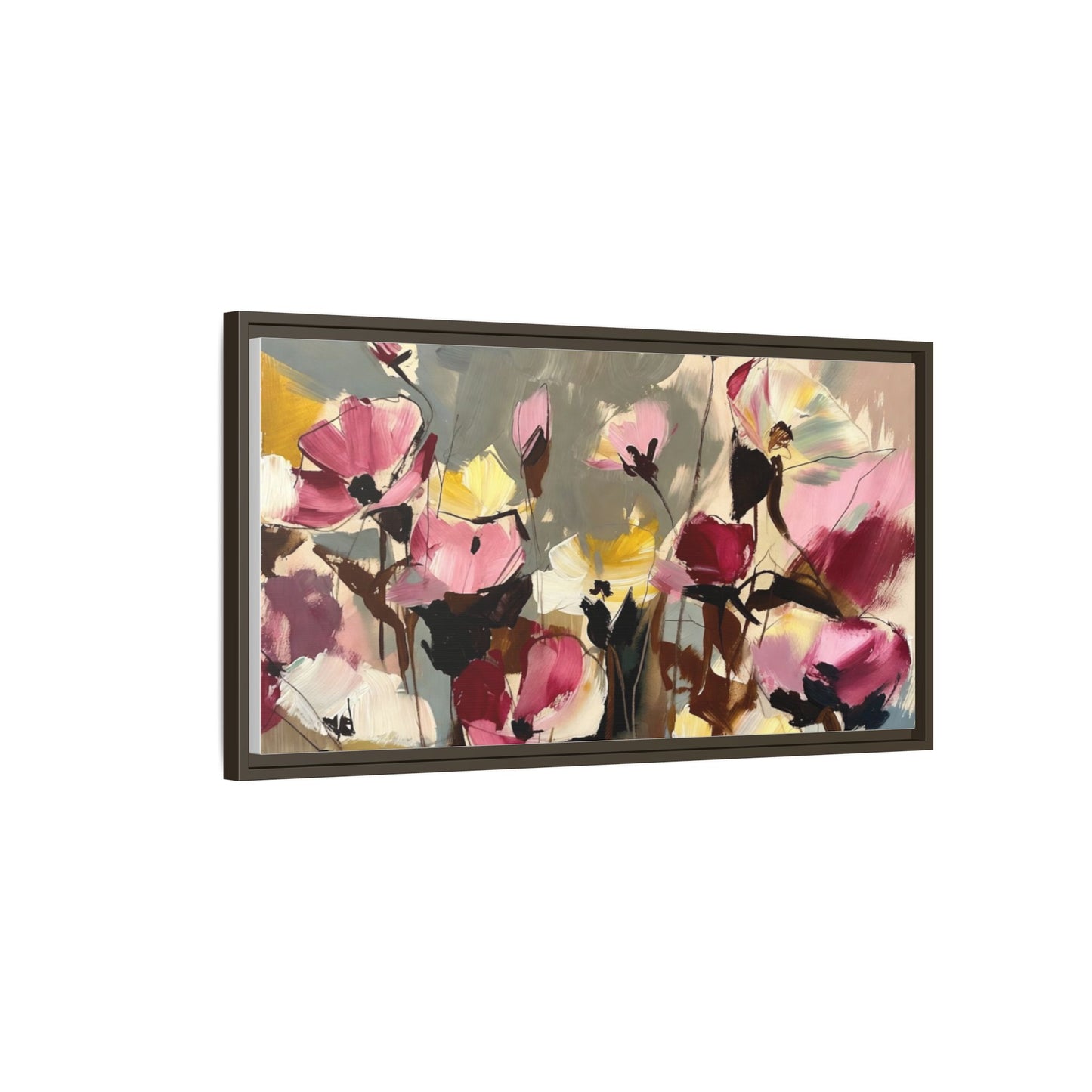 Framed Floral Canvas Wall Art — Abstract Pink & Yellow Flowers