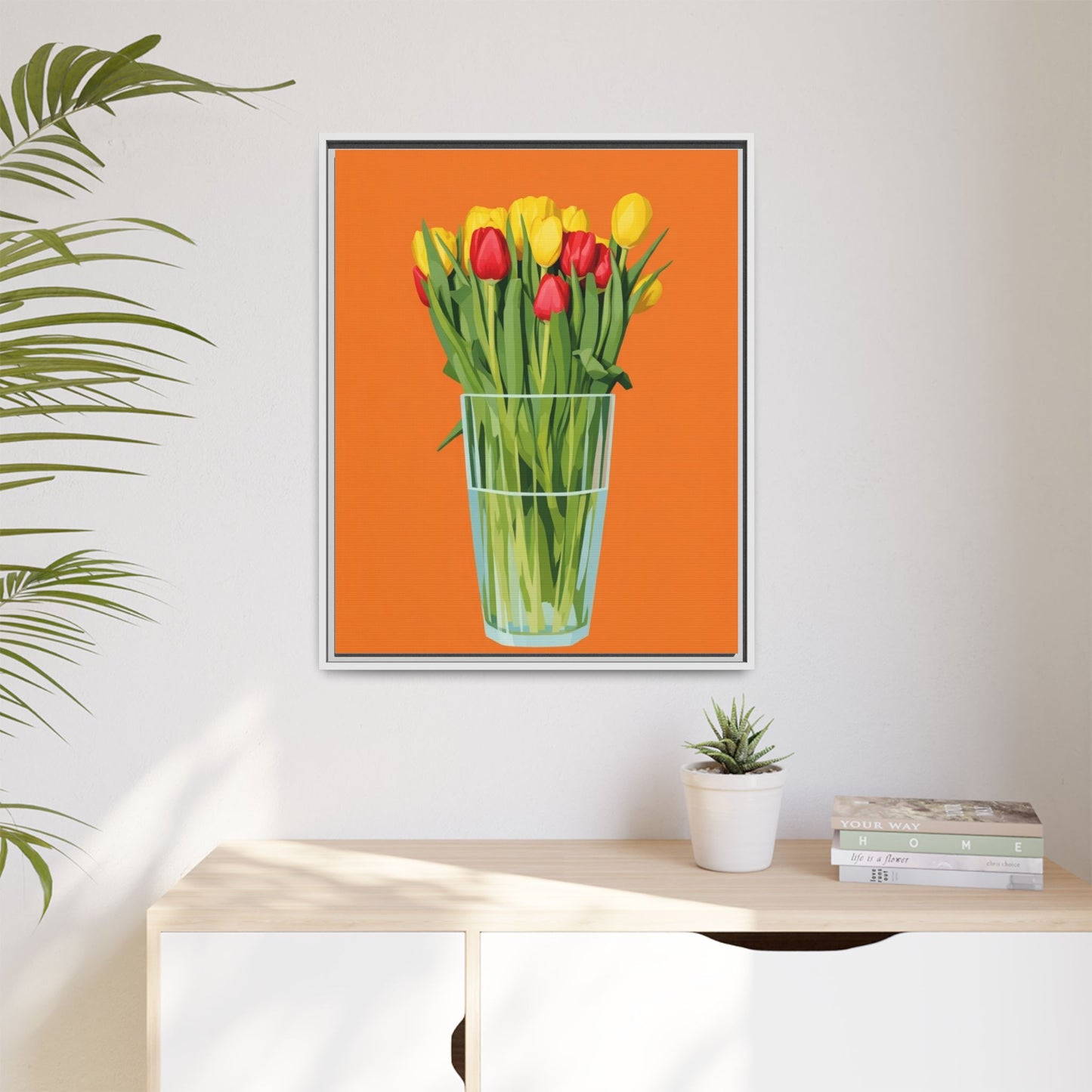 Framed Tulip Canvas Print — Colorful Tulips in Glass Vase