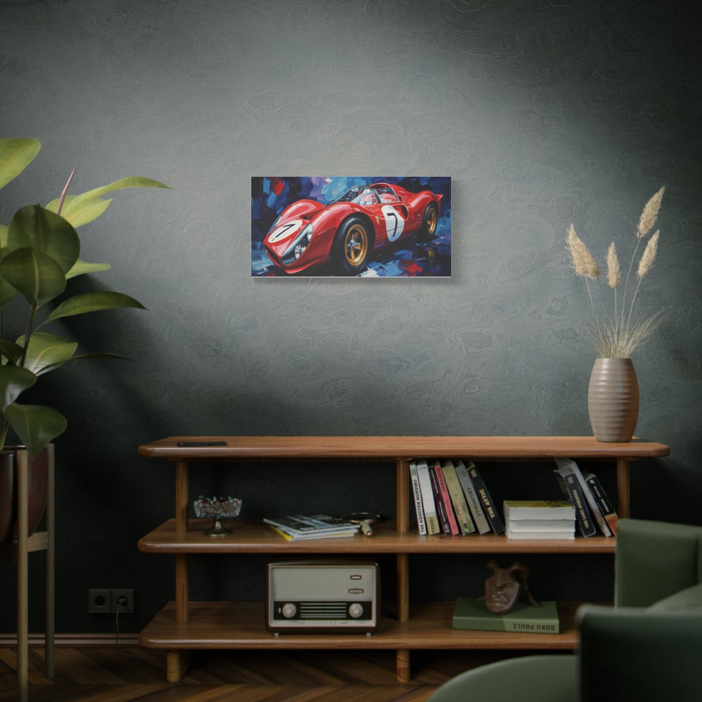 Vintage Ferrari Racing Car Canvas Print — Red Classic Sports Car Artwork (Matte Stretched)