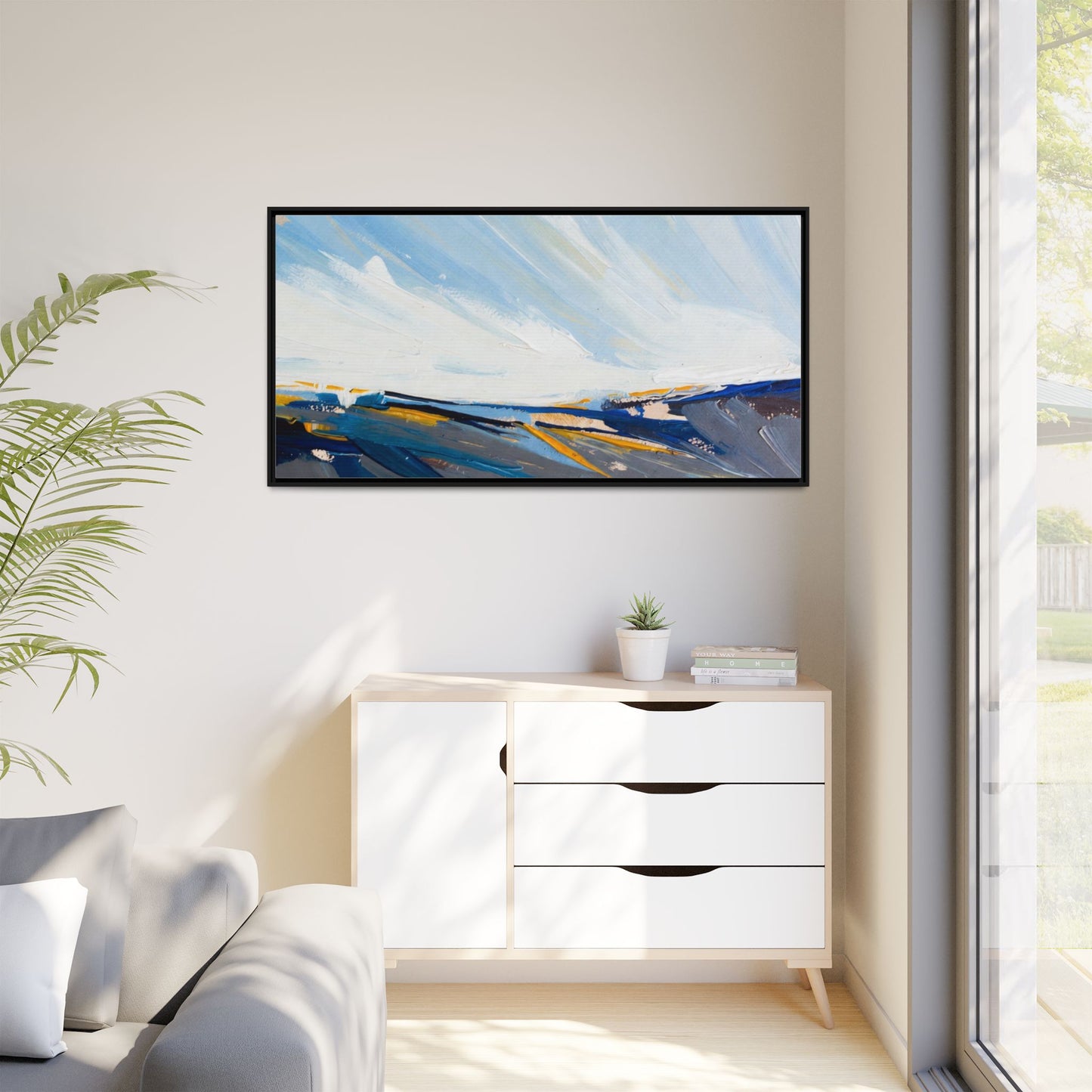Framed Abstract Seascape Canvas Print — Matte Multi‑Color Wall Art