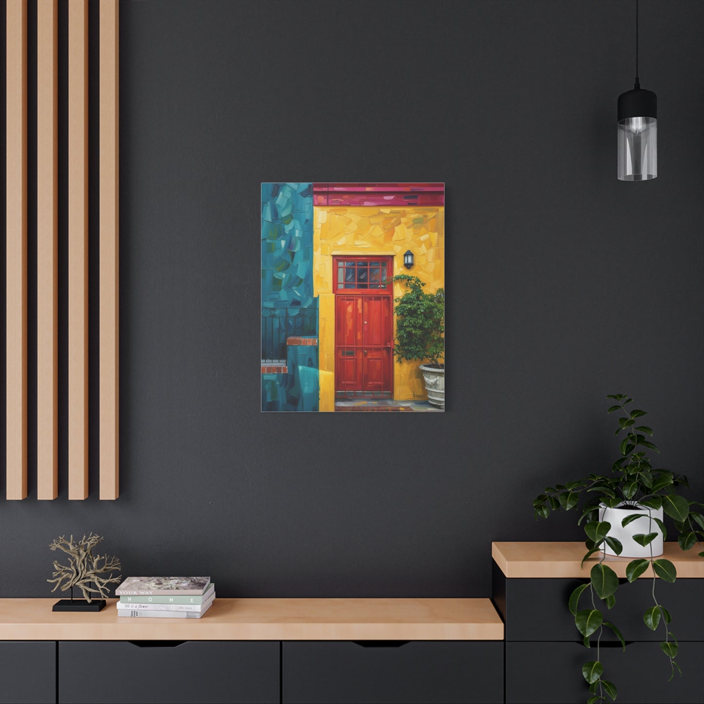 Colorful Doorway Canvas Wall Art — Vibrant Yellow & Teal Street Scene, Matte Stretched Print
