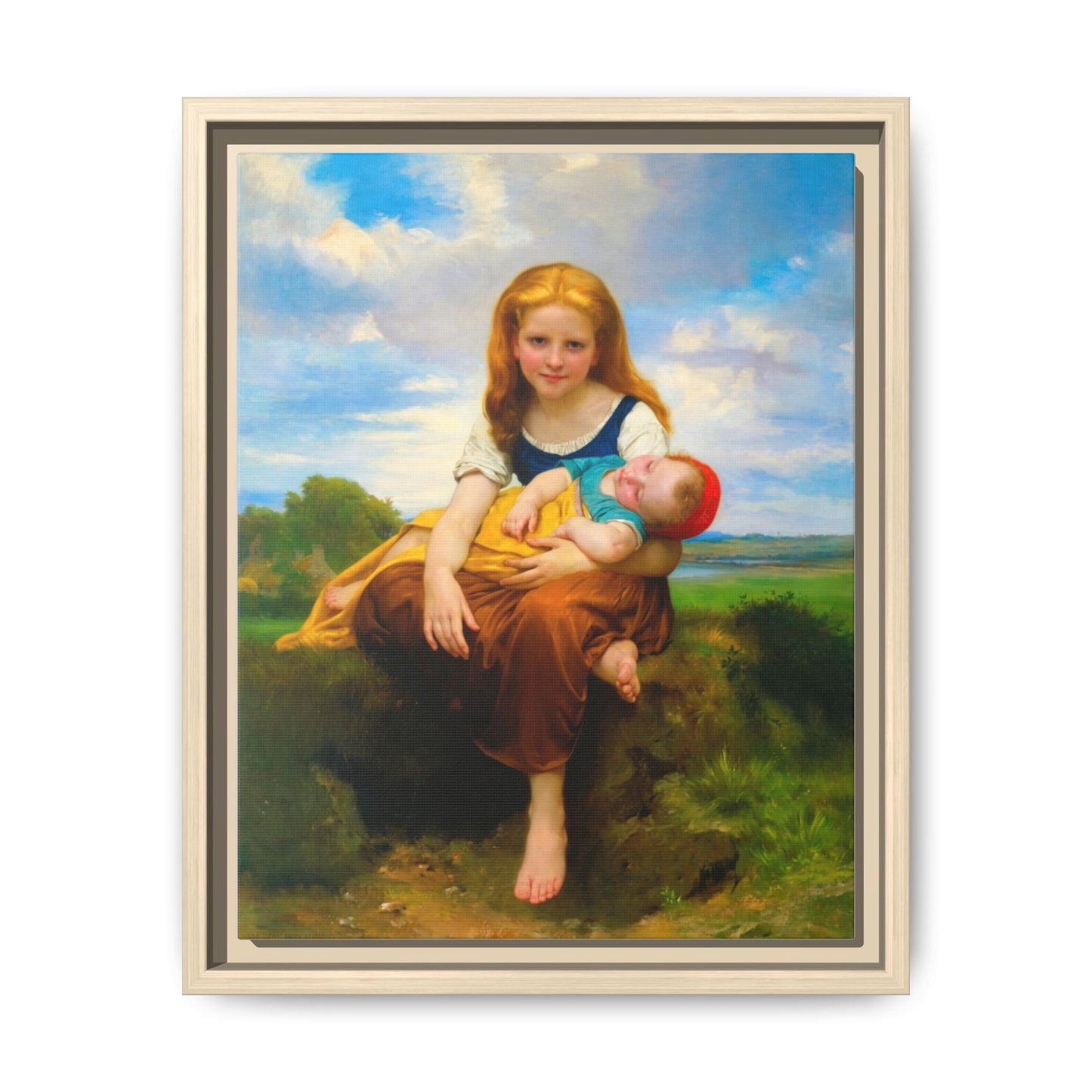 Young Girl Holding Sleeping Baby Canvas Print, Framed Wall Art