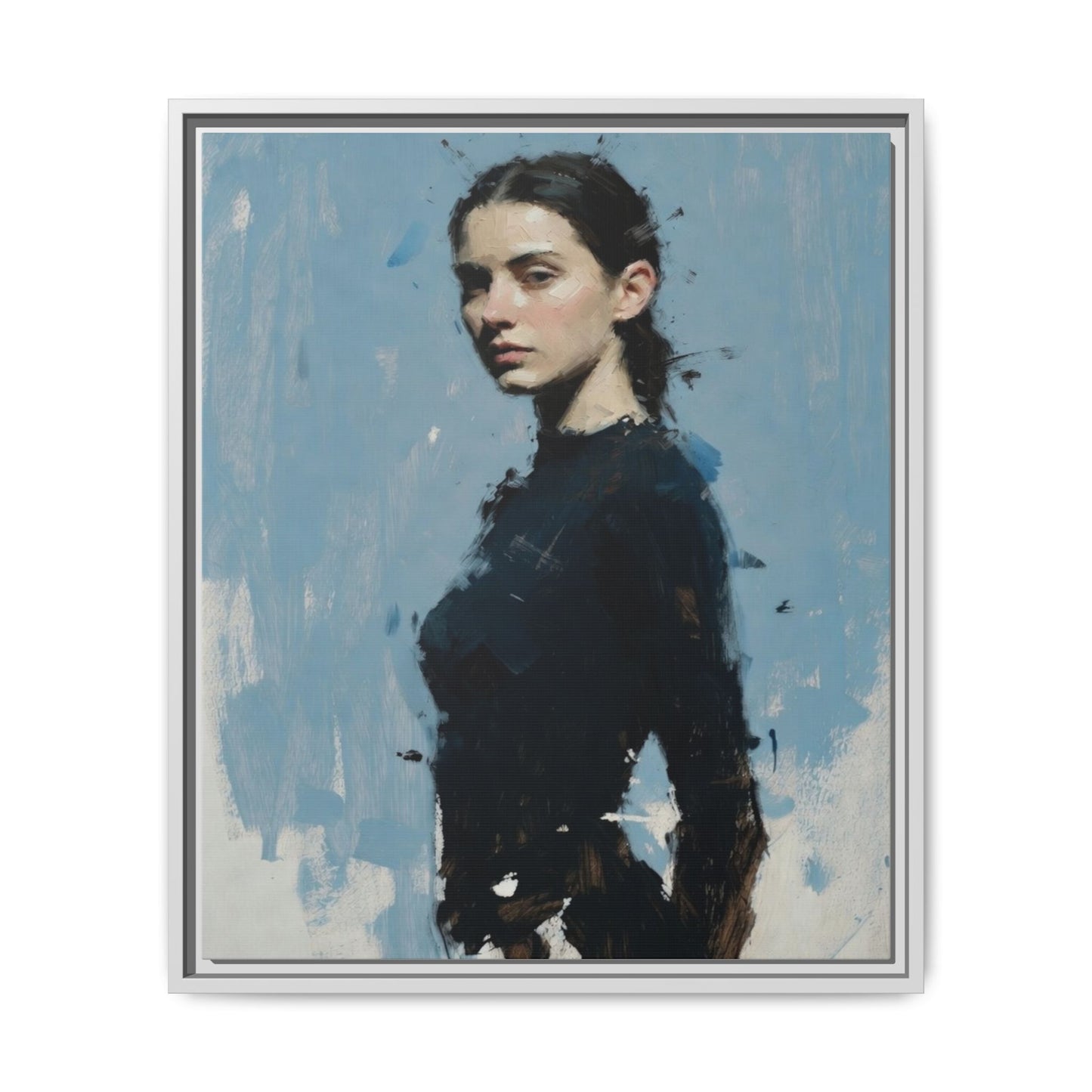 Framed Matte Canvas Portrait Print — Elegant Blue Woman Art
