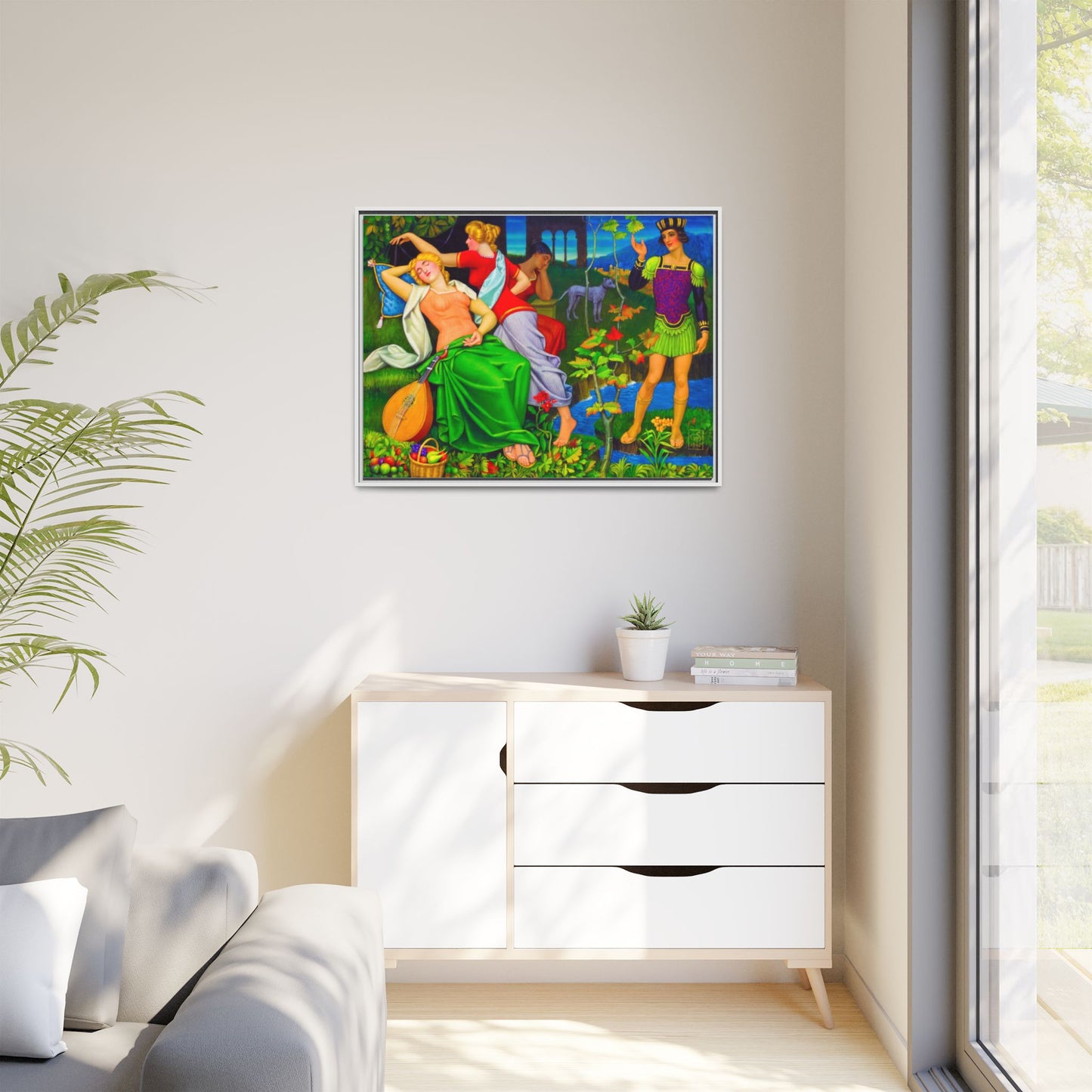 Framed Matte Canvas Art — Colorful Mythic Garden Scene