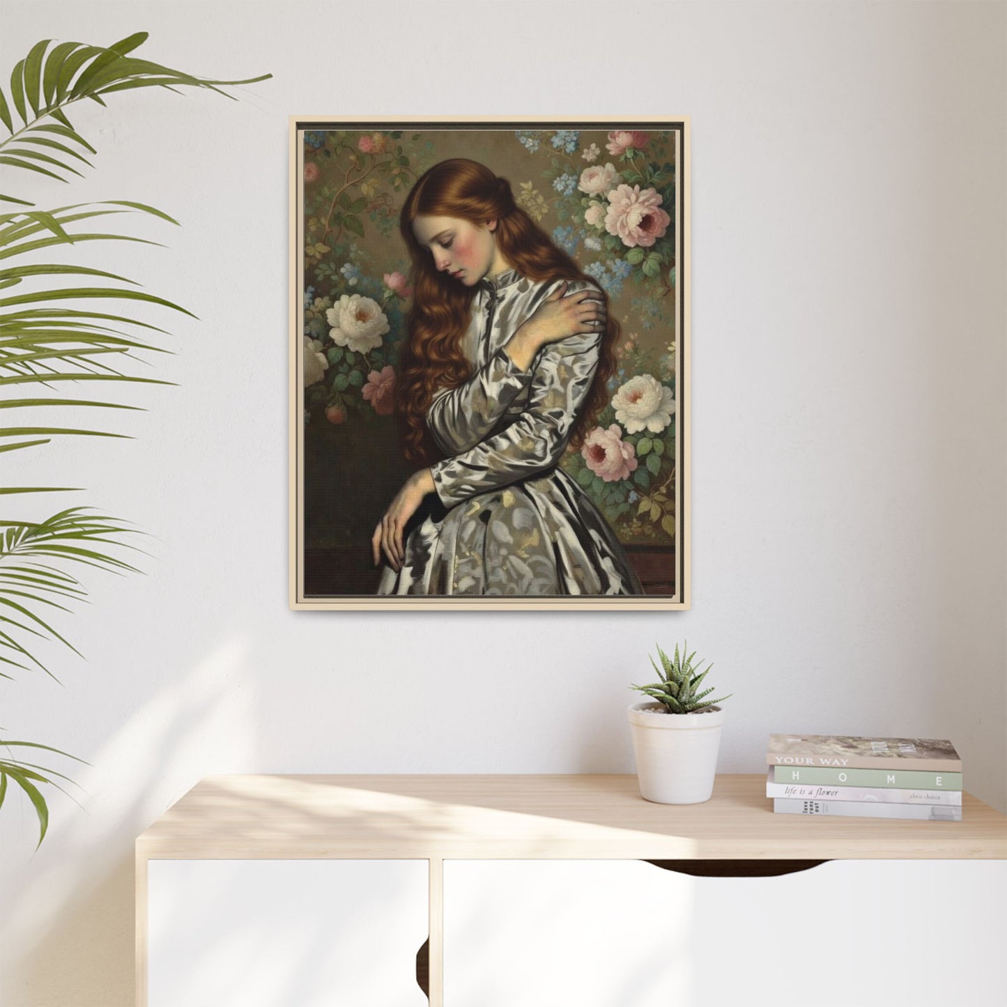 Framed Matte Canvas Art — Vintage Floral Portrait of a Young Woman