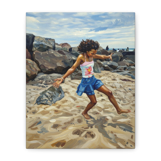 Beach Joy Canvas Print — Child Playing on Sand Stretched Matte Wall Art