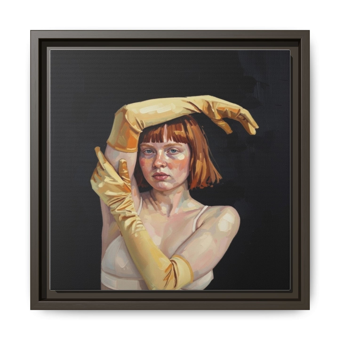 Framed Matte Canvas Art – Portrait of Woman in Yellow Gloves