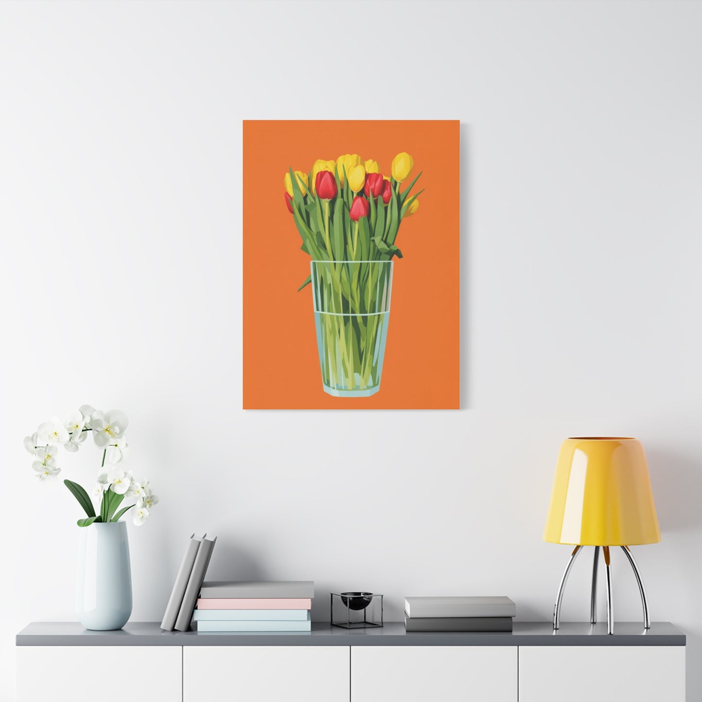 Tulip Bouquet Canvas Wall Art – Glass Vase on Orange