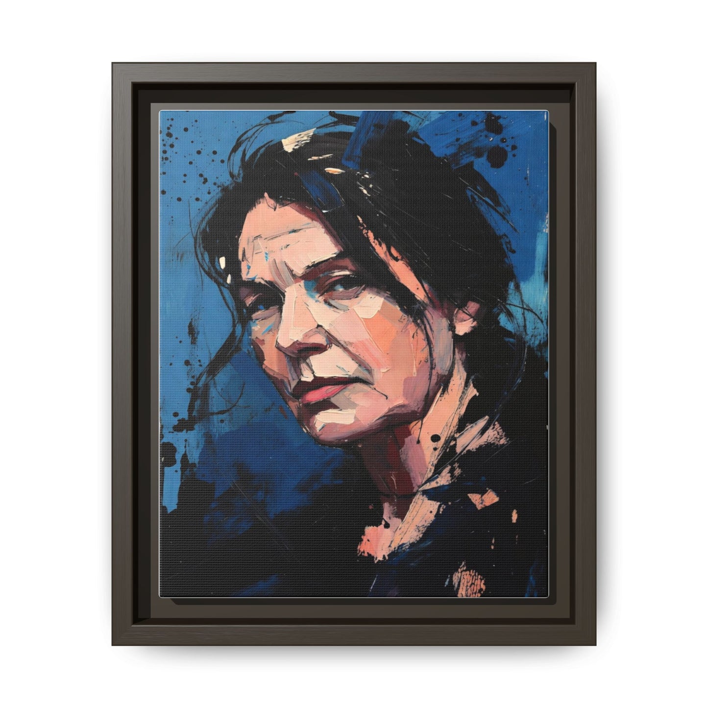Framed Matte Canvas Portrait — Expressive Blue Painterly Woman Art