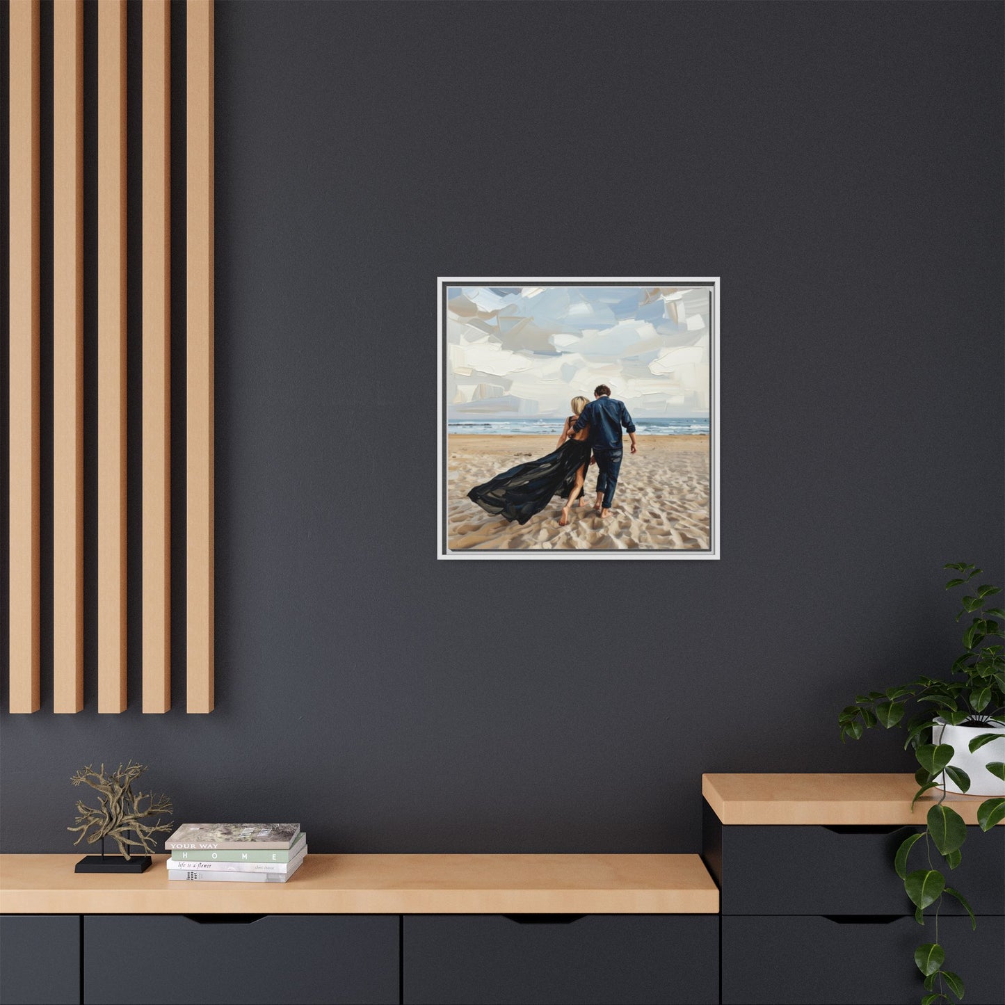 Framed Canvas Wall Art — Romantic Couple Walking on Beach Print