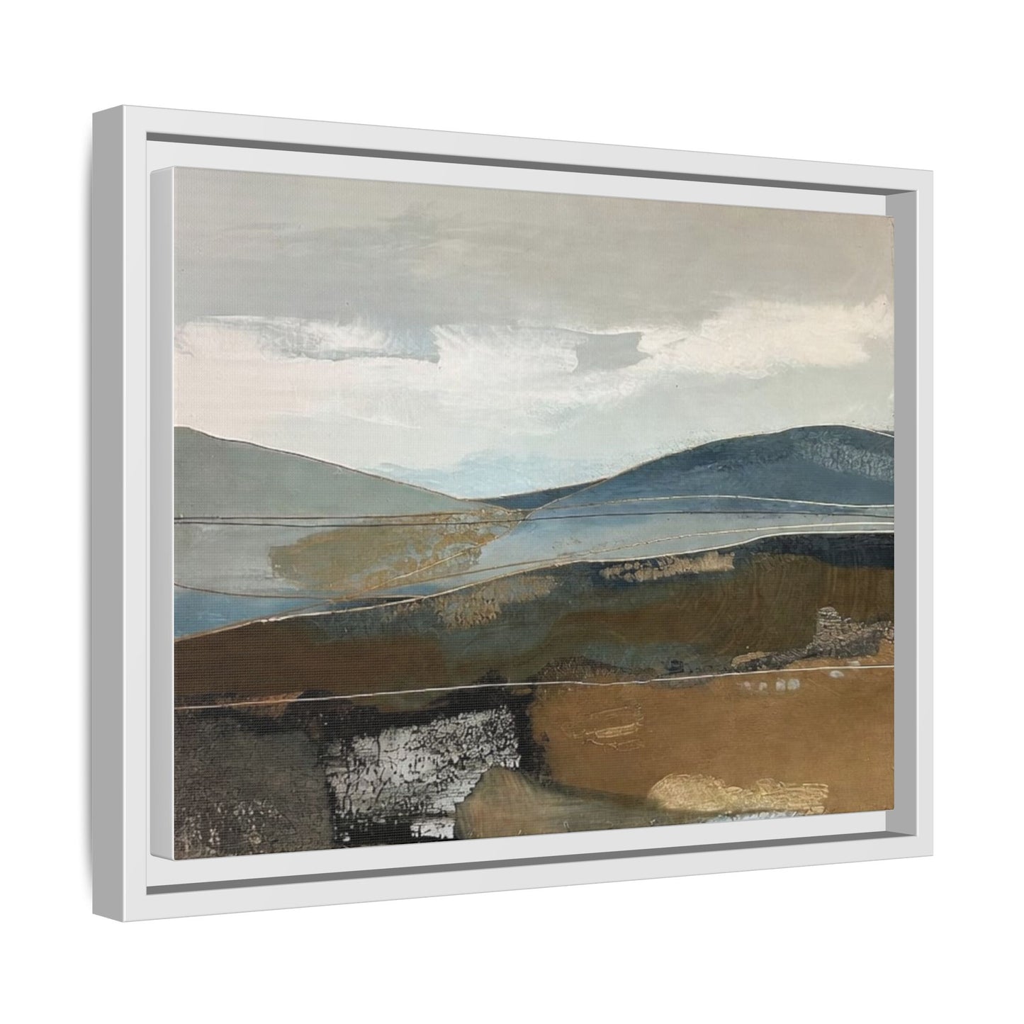 Framed Matte Canvas Landscape Art - Serene Abstract Hills in Blue & Earth Tones
