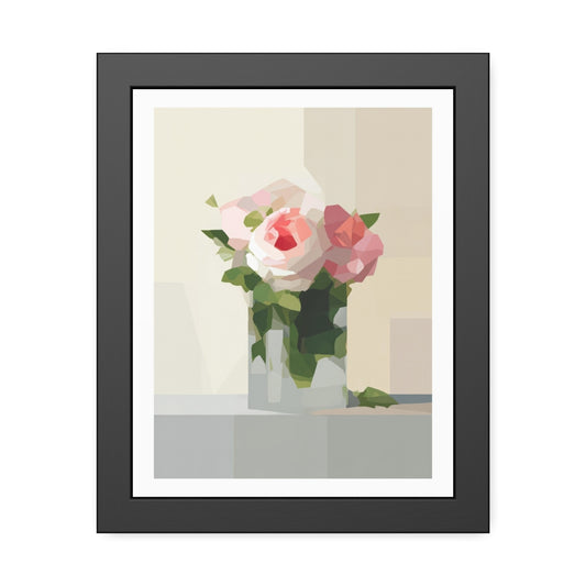 Framed Floral Poster — Geometric Pink Rose Wall Art