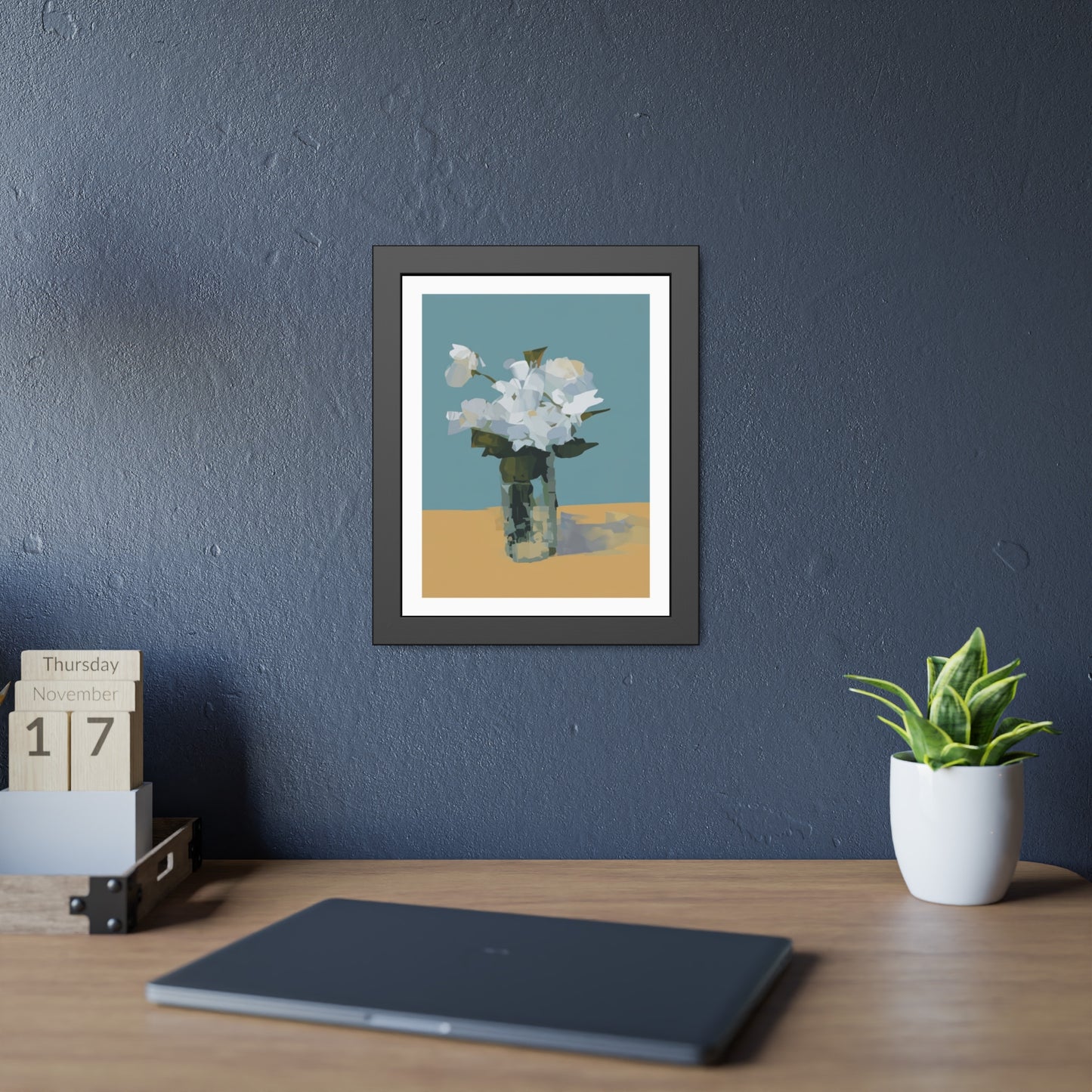 Framed Floral Poster - Modern White Blossoms in Vase Wall Art