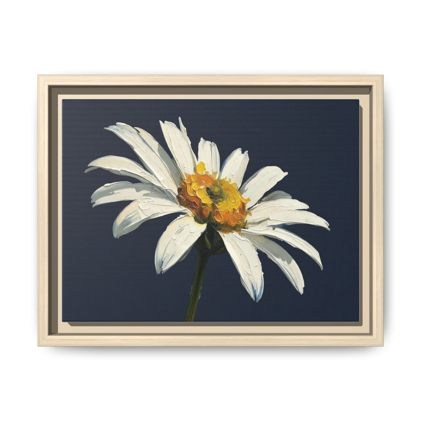 Framed Matte Canvas Daisy Wall Art — White Floral Painting on Navy