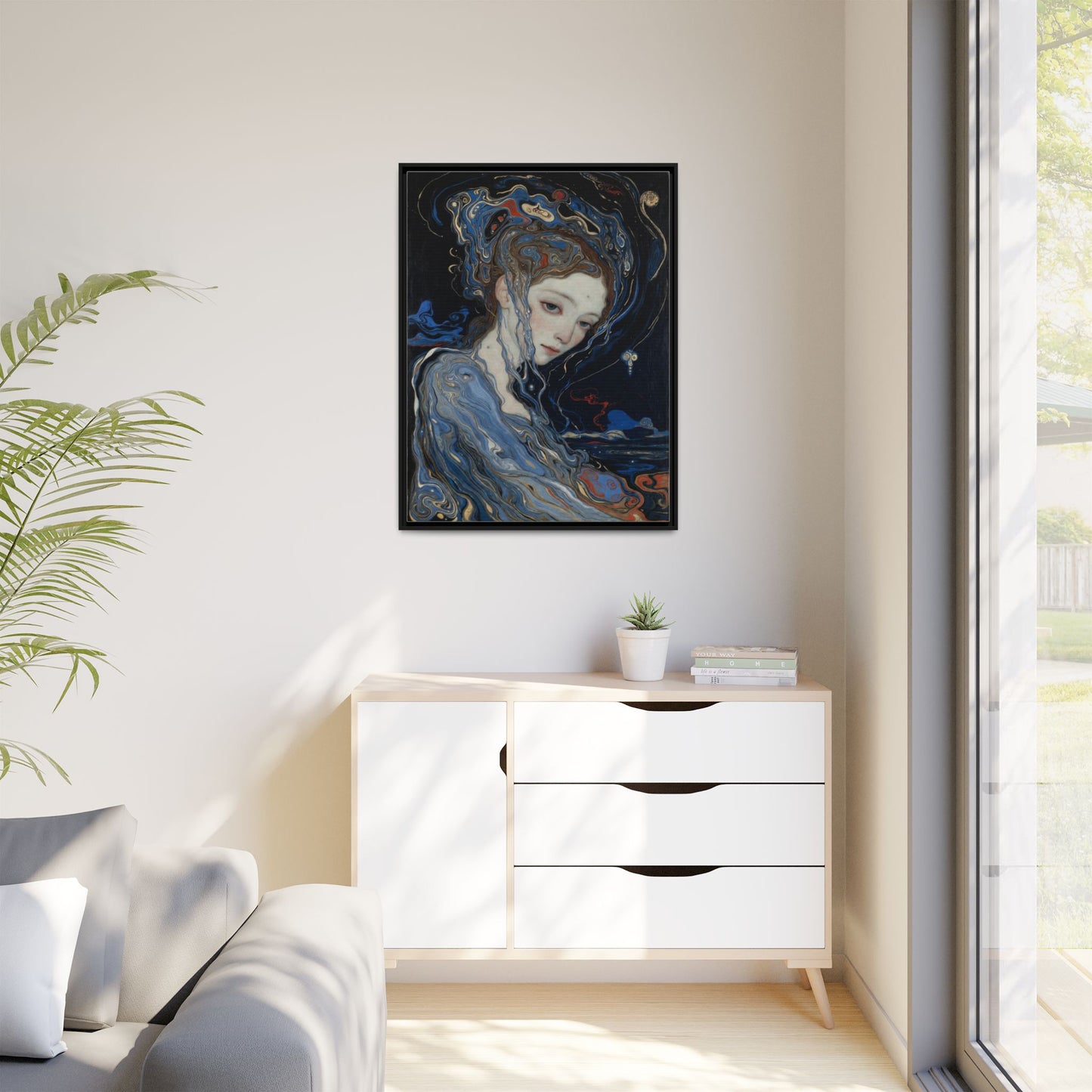 Framed Matte Canvas Art Print — Surreal Blue Maiden Portrait