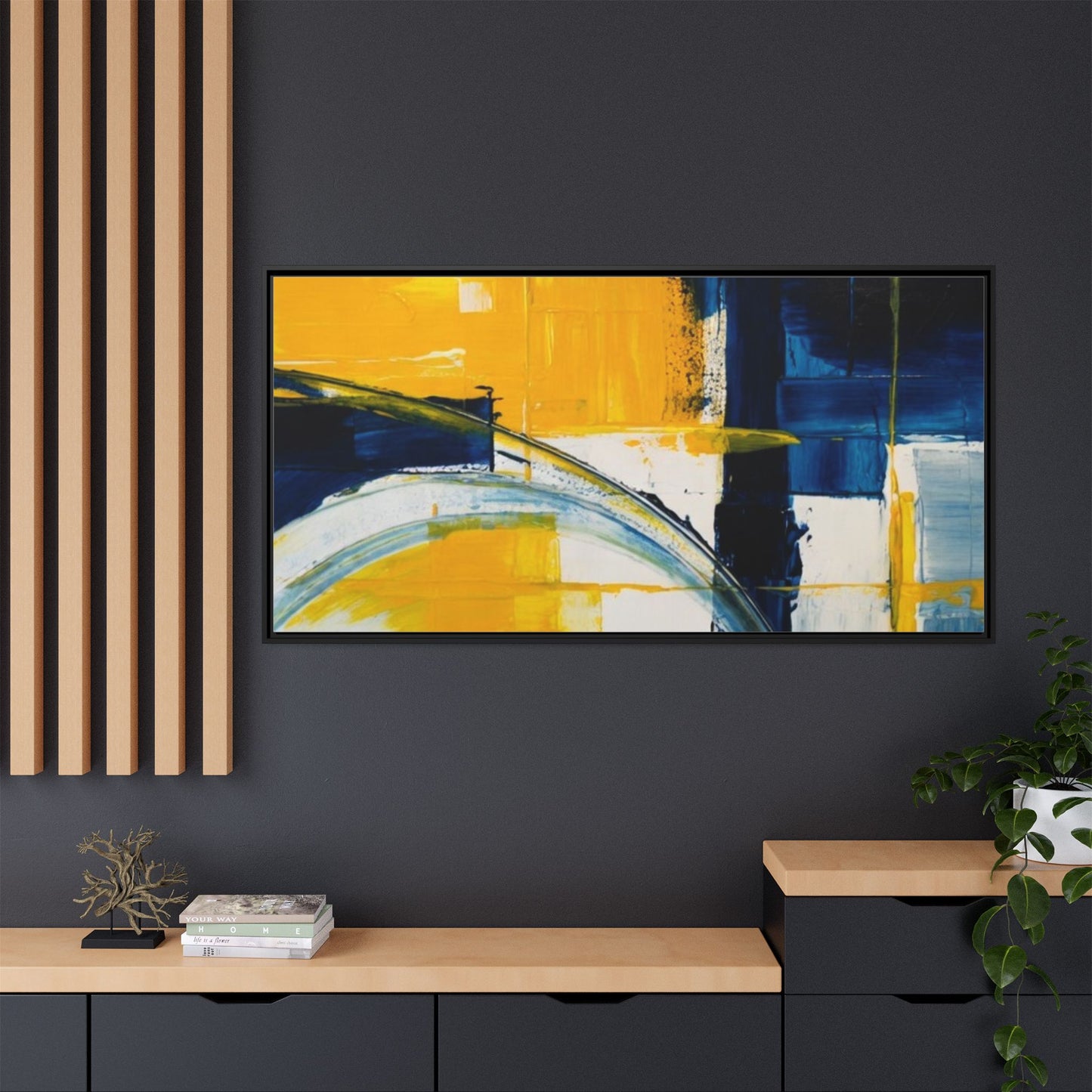 Abstract Yellow & Blue Framed Canvas Wall Art — Modern Matte Canvas Print
